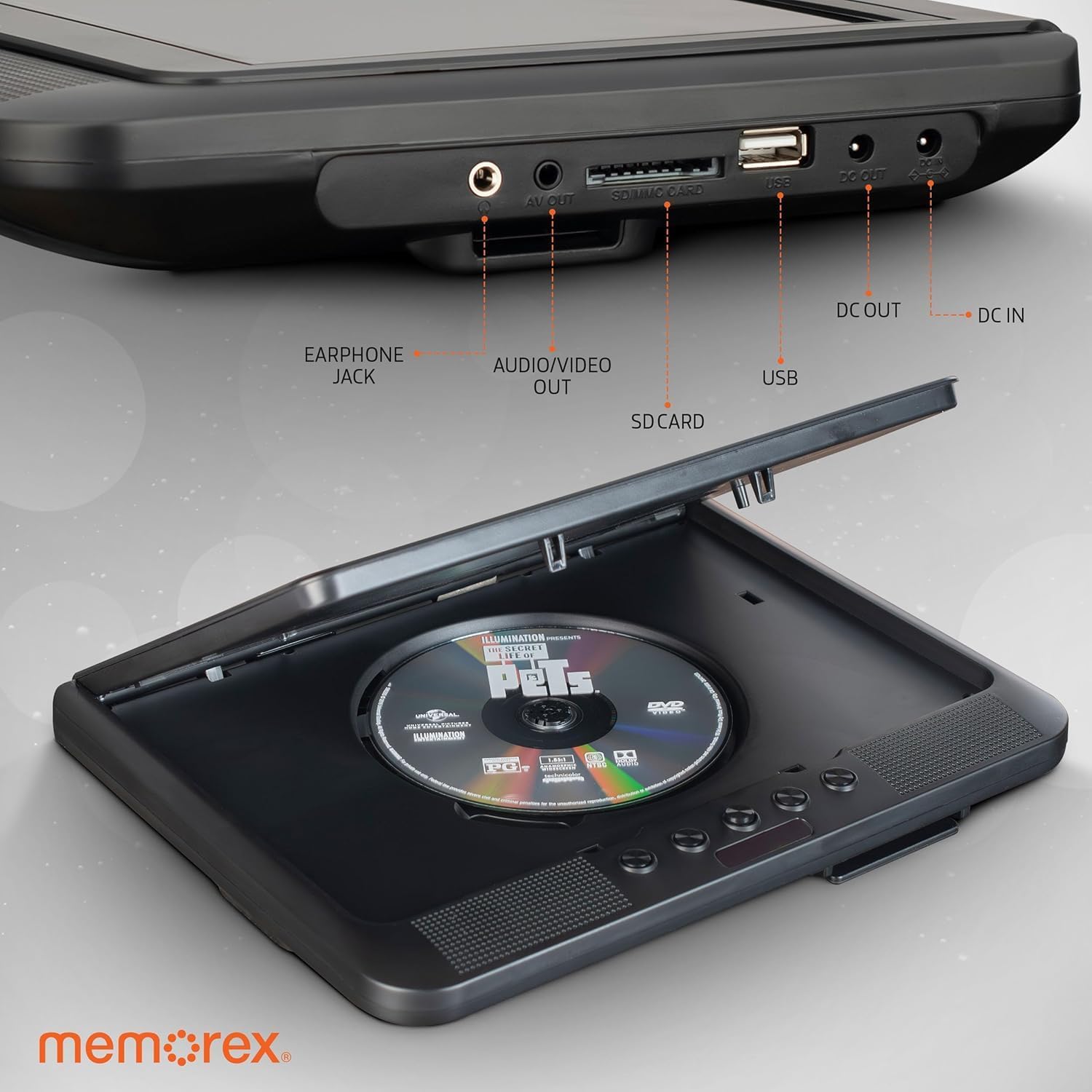 jarak dekat view of the Memorex MX-PDV200 DVD player's side ports, including earphone jack, AV out, SD/MMC card slot, USB port, DC out, and DC in, with a DVD disc in the open tray.