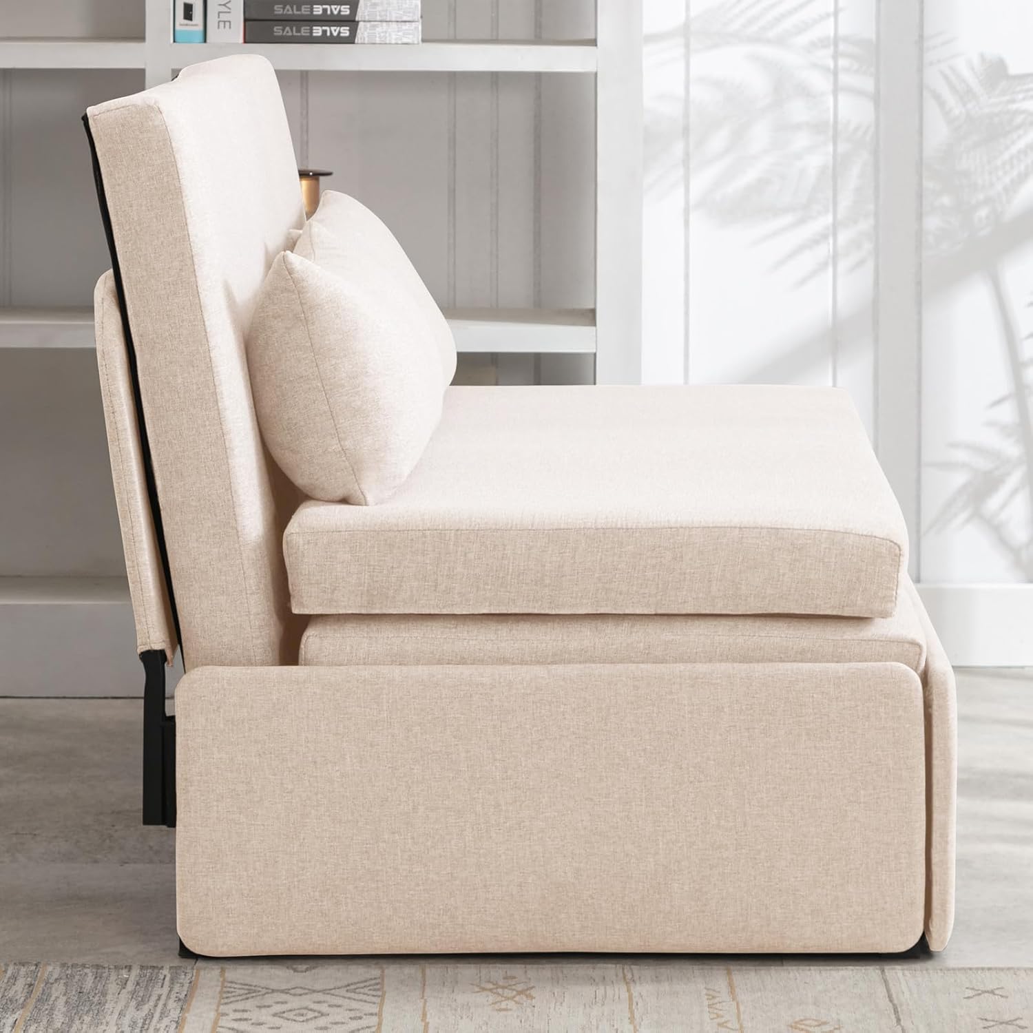 PUREMIND Twin Size Pull Out Sleeper Sofa Bed, Linen Convertible Sofa Bed with Foldable Mattress, Loveseat Couch Pull Out Bed with 2 Cushions for Small Place, Apartment, Office Beige