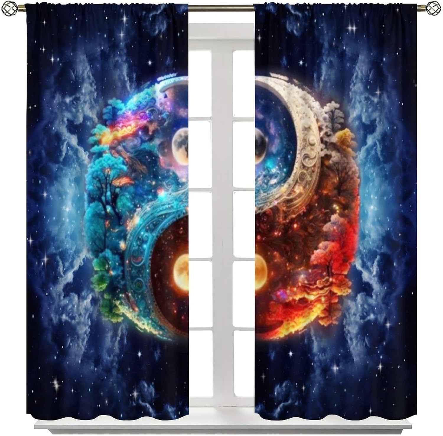 Cool Outer Space Yin Yang Curtains for Living Room, Watercolor Sun&Moon Fantasy Galaxy Colorful Misty Forest Rod Pocket Thermal Insulated,Window Drapes 2 Panels 63" L x 31.5" W