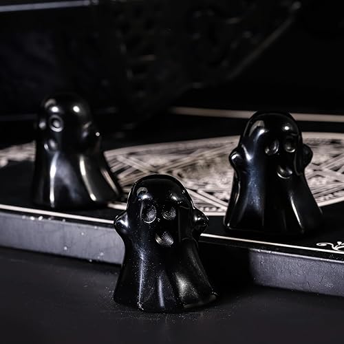 Miniatura 4 de Rockcloud 2 piezas de piedras de cristal de obsidiana negra, fantasma, figurita de Halloween, estatua de fantasma, ornamento de decoración de fiesta