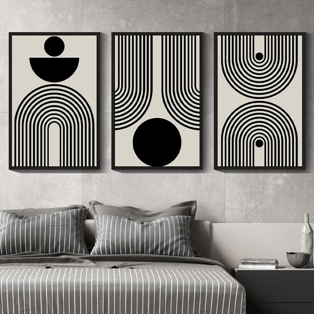 phopago black abstract wall art geometry large 24x36in minimalist sun lines framed canvas painting artwork living room bedroom home decor black framed abstract bohemain 24" x 36" x 3 pcs black