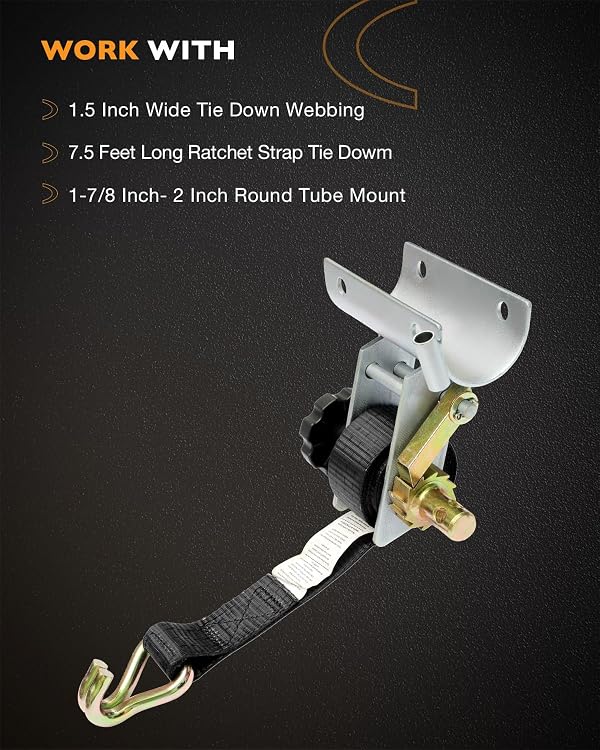 Ladder Rack Ratchet Straps, W/J-Hook (2PCS), 2" Silver Round Tube Mount, 1.5" Wide x 7.5' Long, Black Truck Rack Straps, 500 lbs Load Heavy Duty, Lumber Rack Ratchet Straps, Pipe/Roof Rack Straps by HQPASFY - Image 3