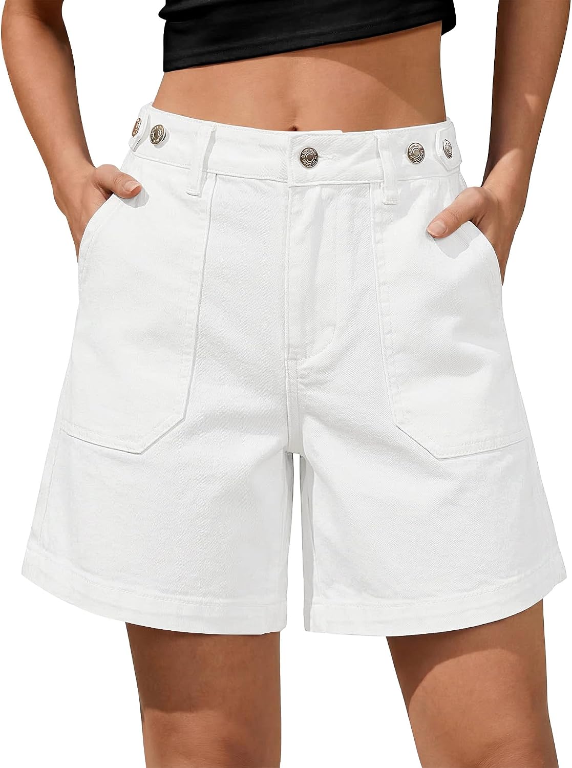 luvamia Jean Shorts for Women High Waisted Wide Leg Cinch Waist Stretchy Denim Mid Thigh Shorts Casual Summer Jorts