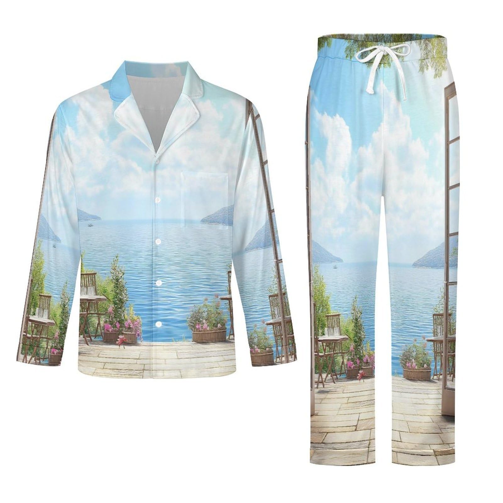 Completo Pigiama da Uomo - Giardino sul Mare Pigiama A Maniche Lunghe Abbigliamento da Casa 2 Pezzi Top + Pantaloni Morbido E Caldo Pigiama Autunnale E Invernale