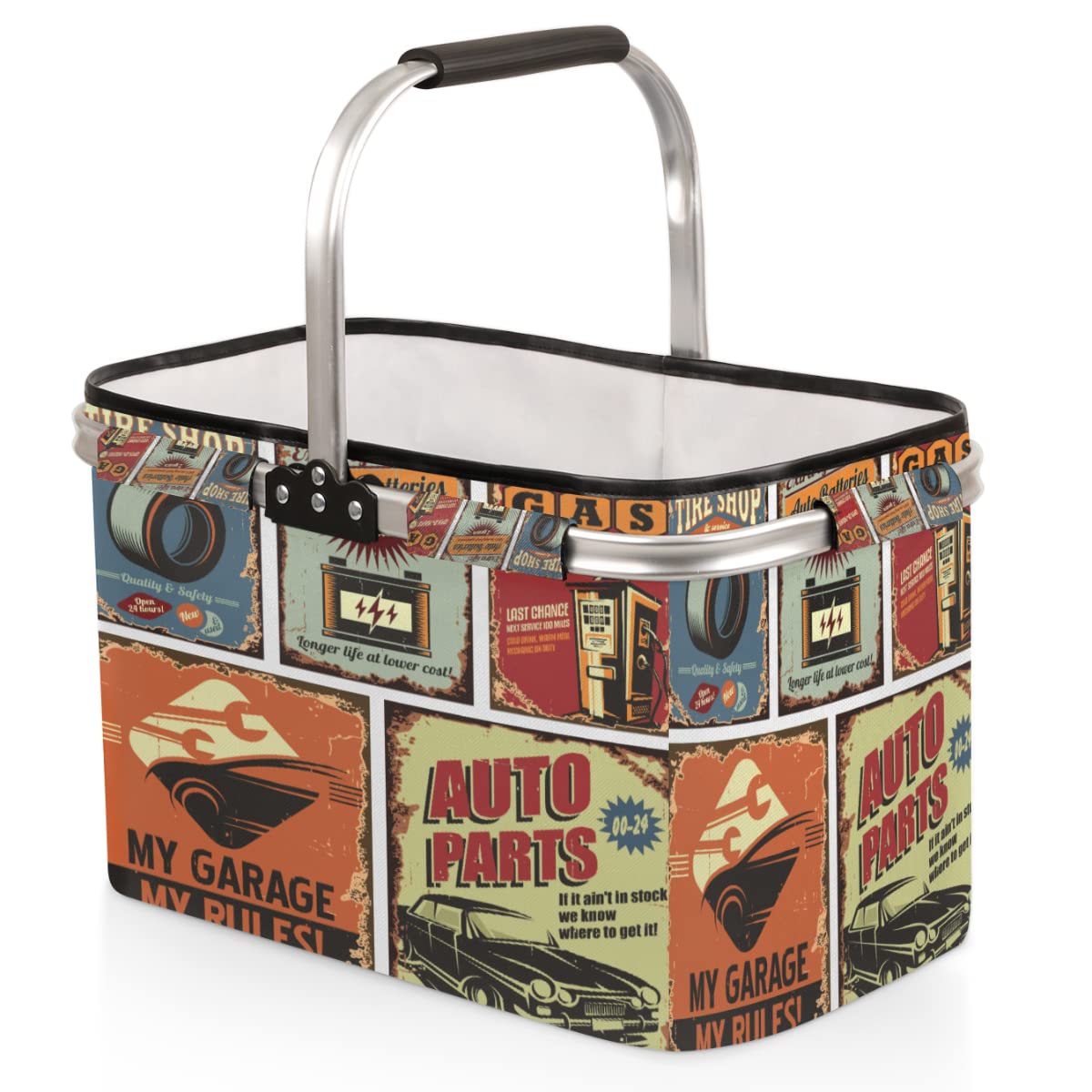 Vintage Car Theme Folding Picnic Basket Large Collapsible Market Basket Aluminum Frame Cute Shopping Baskets Reusable Travel Camping Grocery Bags