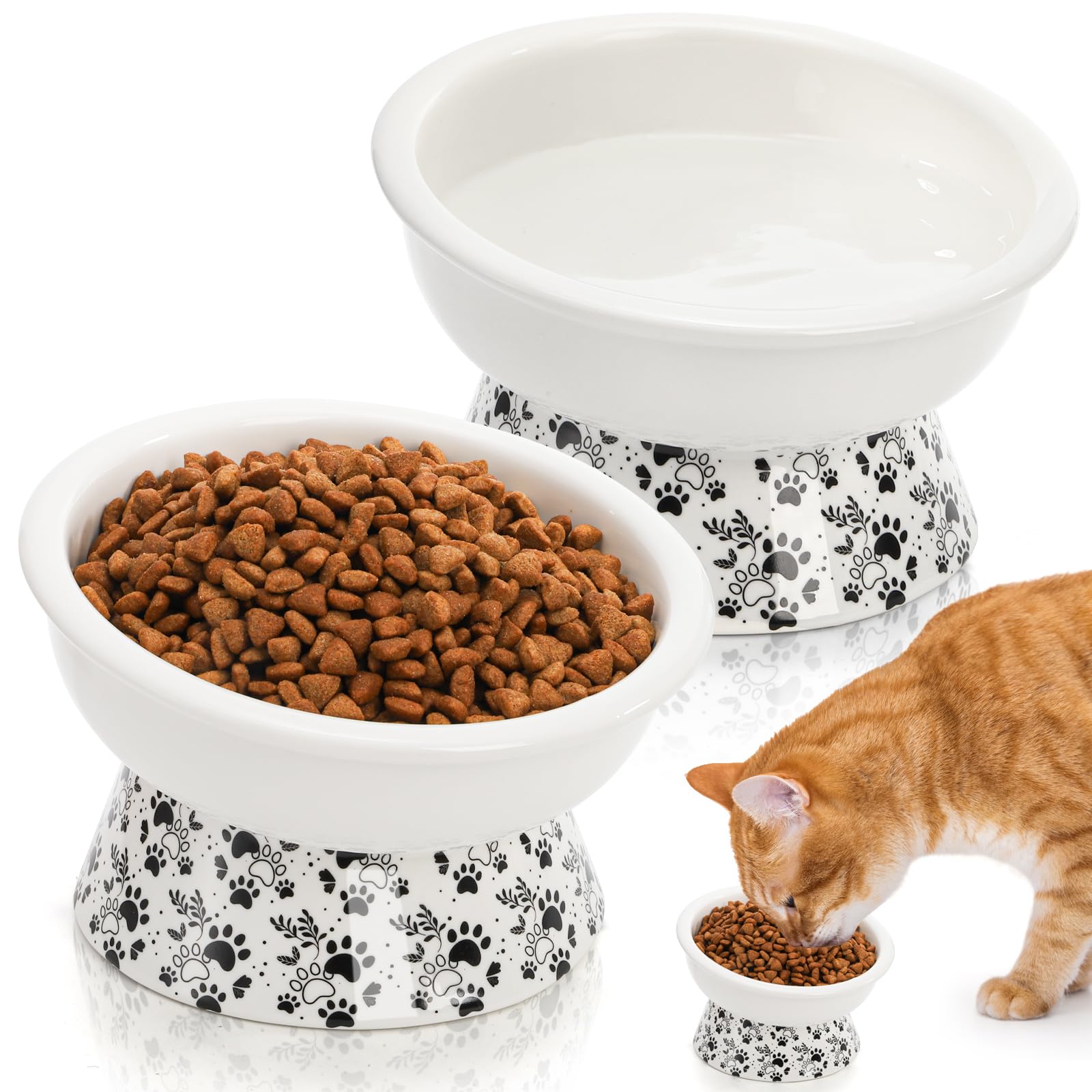 2 Pack Ceramic Elevated Cat Bowls, 6" Extra Wide Tilted Raised Pet Dish, Whisker Friendly Food and Water Bowl for Small Dogs, Anti Vomiting & Protect Pet's Spine, Microwave Dishwasher Safe