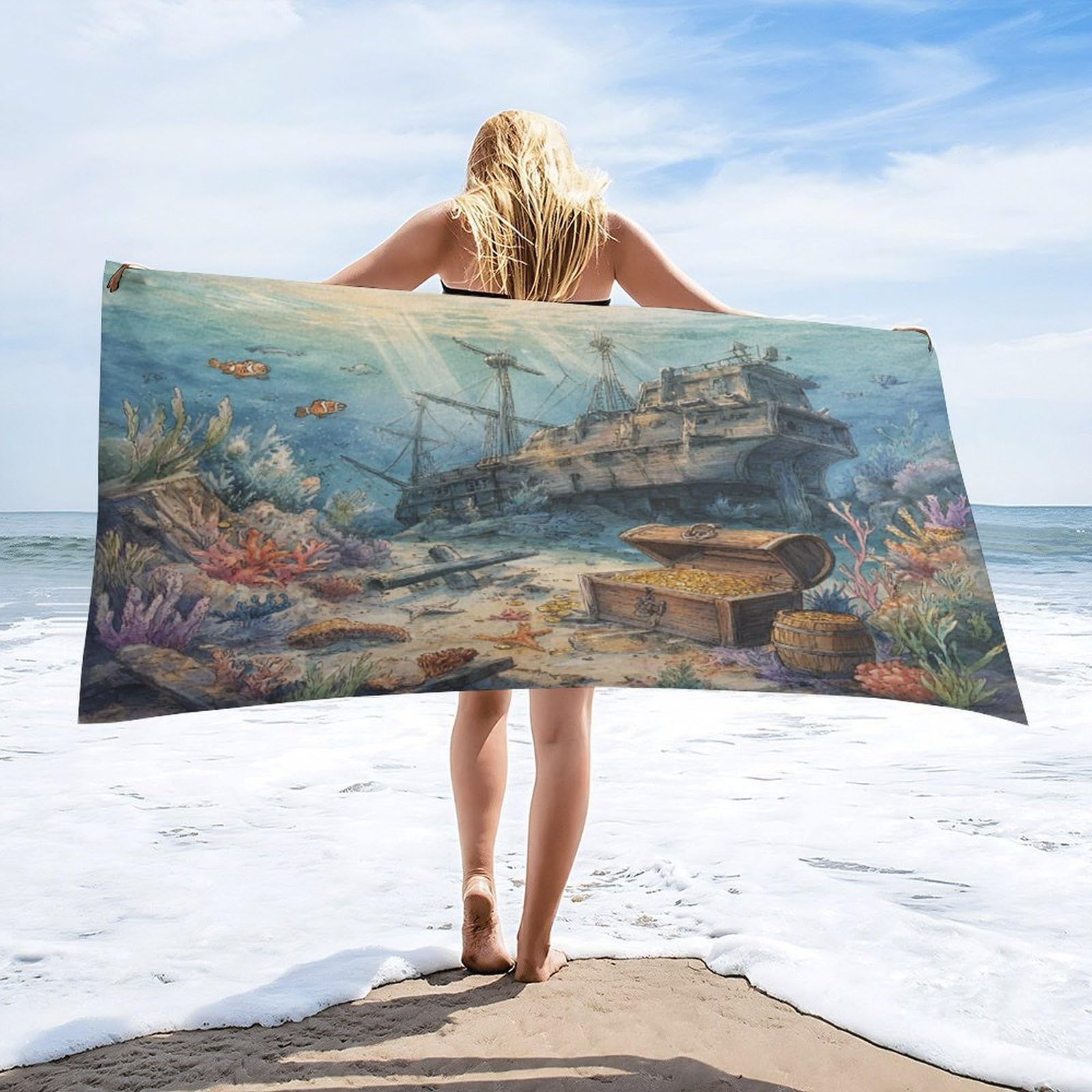 Luyysky Modern Retro Pirate Ship Quick-Drying Beach Towel, Vintage Nautical Underwater Treasure Ocean Animal Fish Coral Travel Vacation Single Sided Pile Bathroom Towels-80 W Cm X 160" L Cm