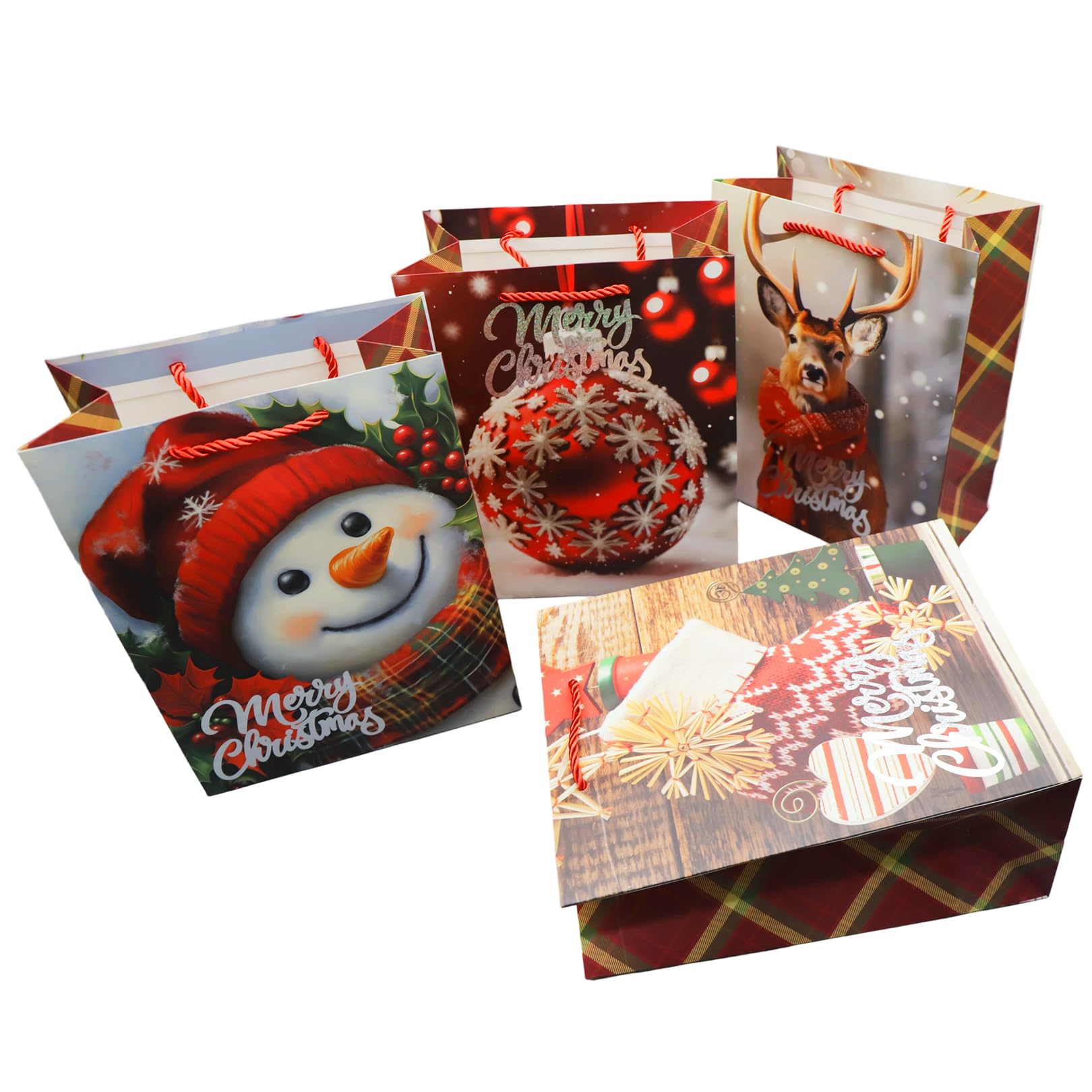 4 Pack Christmas Bags for Presents Multipack Xmas Gift Wrapping Shopping Bag Cute Small Size Kids Adult Gifts Present Wrap Candy Box Friends Giftbags,for Cheistmas Holiday Xmas Event Party 18*23*10cm