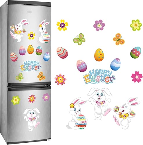 Whaline Imanes de Pascua para refrigerador, 16 unidades, diseño de conejo de Pascua, huevos de conejo, flores, imanes de nevera, calcomanías