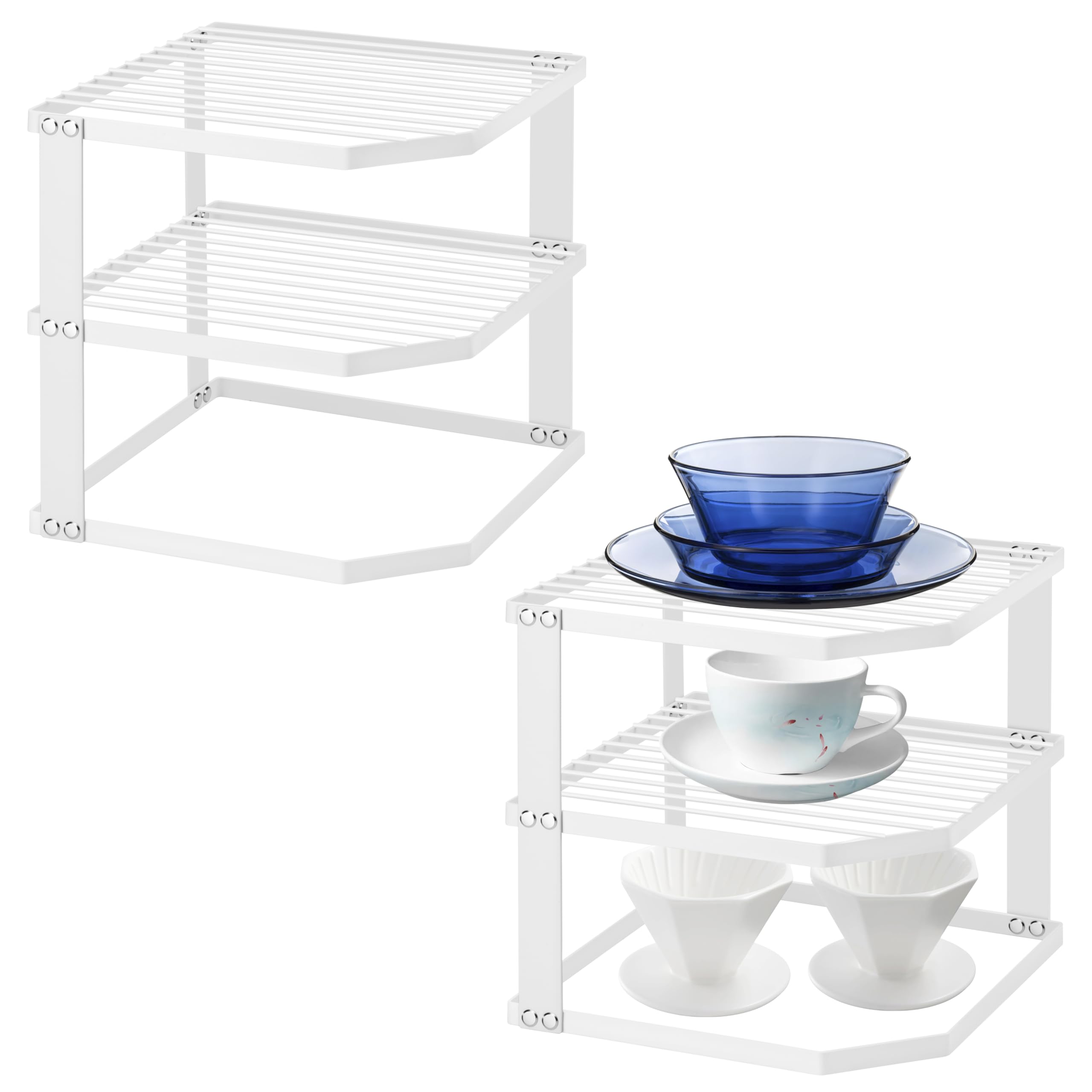 QIWODE Organizador Platos Armario Cocina, Estante Esquina Cocina, Estanterias Almacenaje Metalicas Cocina, Estantes Armarios Organizador para Platos, Especias, Tazas, Blanco (Paquete de 2)