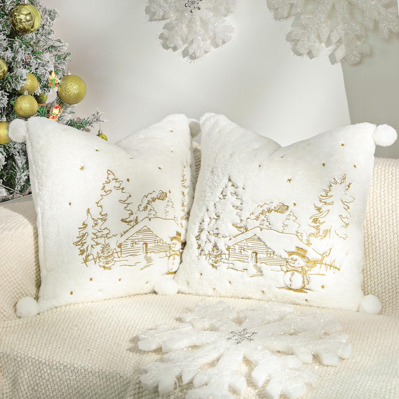 Set of 2 Beige Christmas Tree Throw Pillow Cases Decorations, 18 x 18 inches