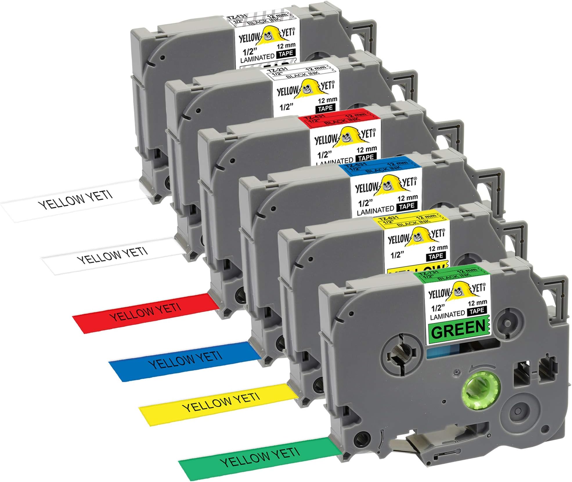 6 Labelling Tape Cassettes TZe-131 TZe-231 TZe-431 TZe-531 TZe-631 TZe-731 12mm x 8m Black for Brother P Touch PT-H110 H105 H101C e110 1005 Label Maker (Clear White Red Blue Yellow Green)