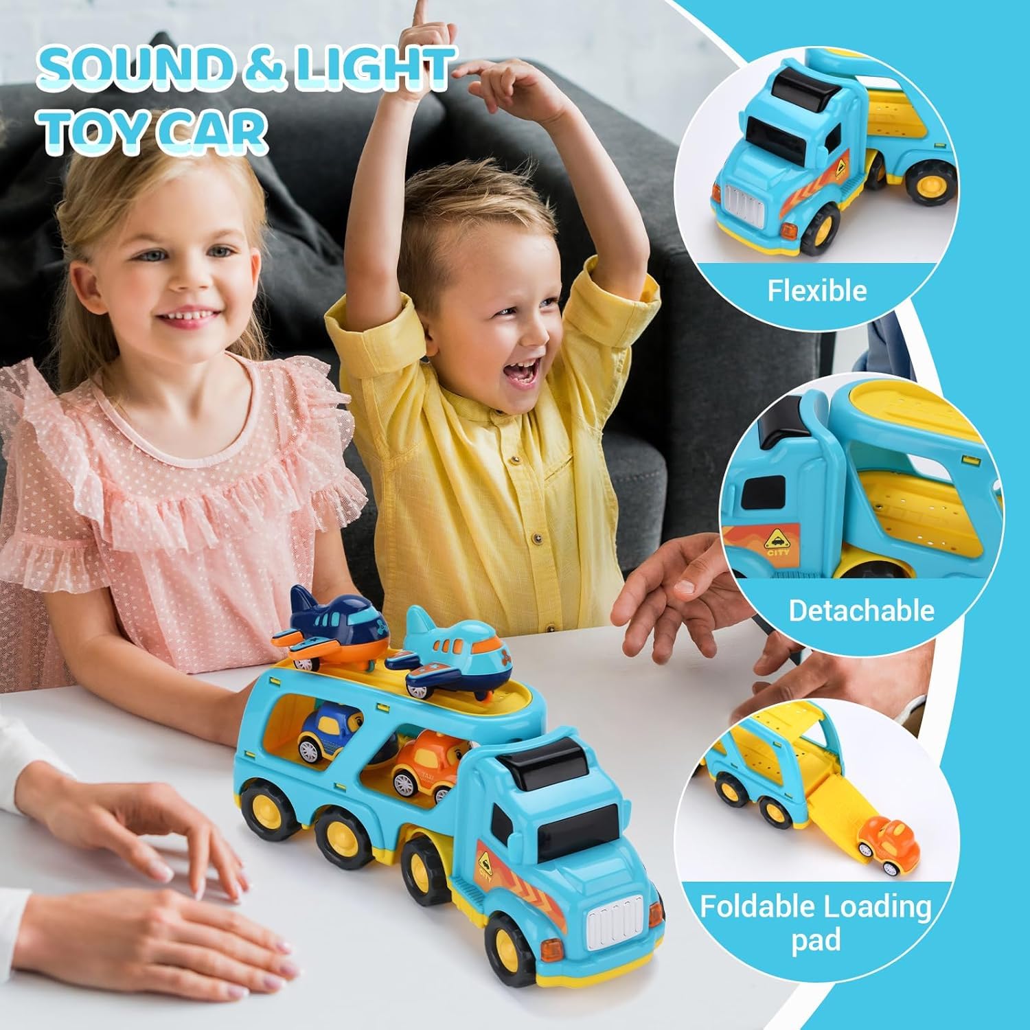 TOSUTO Jouet Garage Voiture pour Enfants,Jeu de véhicules pour Enfants avec Son et lumière,5 en 1 Jouet de Camion pour Enfant,Véhicule de Transport,Éducatifs Cadeau pour 2-6 Ans Enfants Garçons Filles - 4