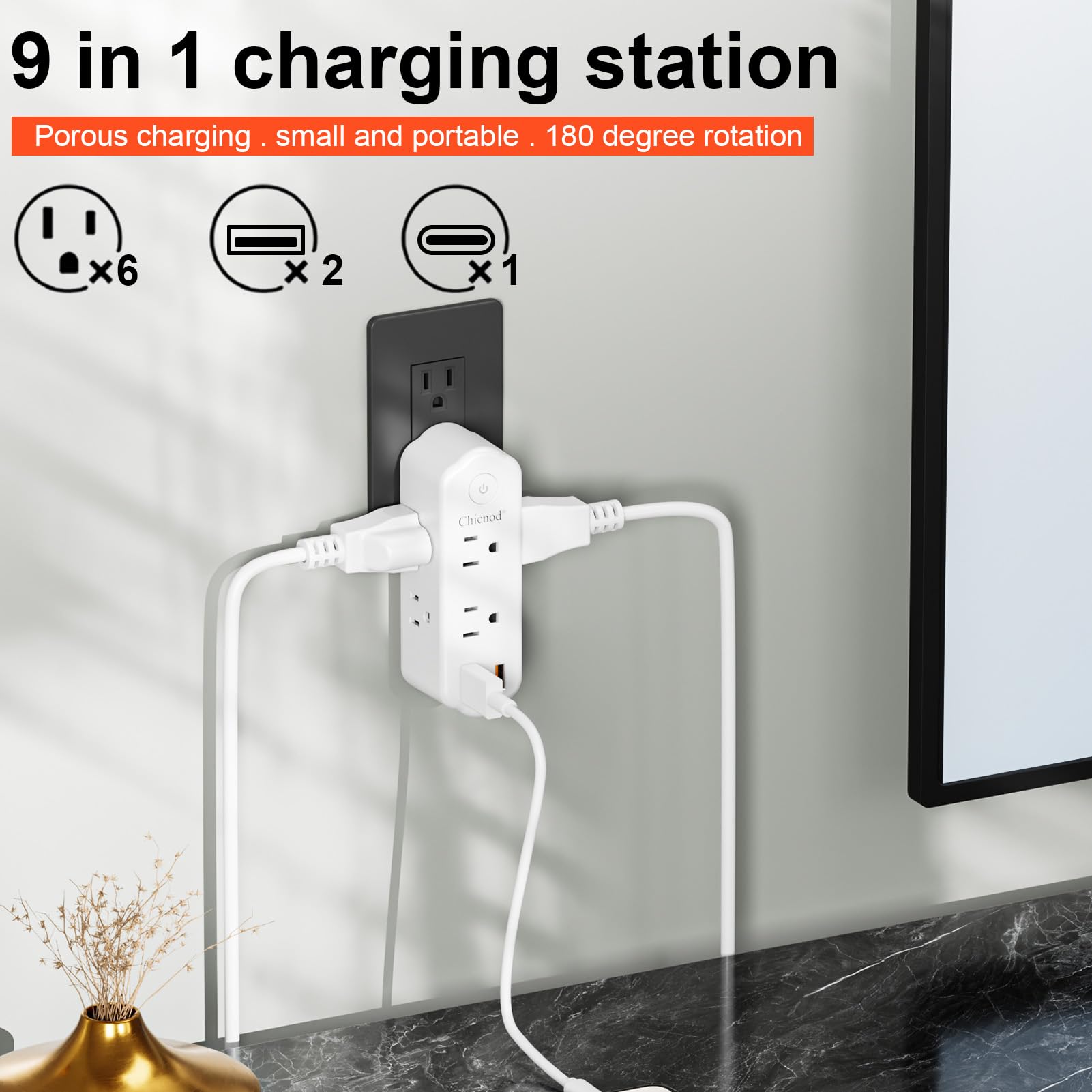 Outlet Extender Surge Protector, 360° Rotating Plug Power Strip with 6 AC Outlets, 3-Sided Space Saving Design, 3 Ports (2 USB-A + 1 USB-C) Multi Plug Expander On/Off Switch for Home, Office, Travel