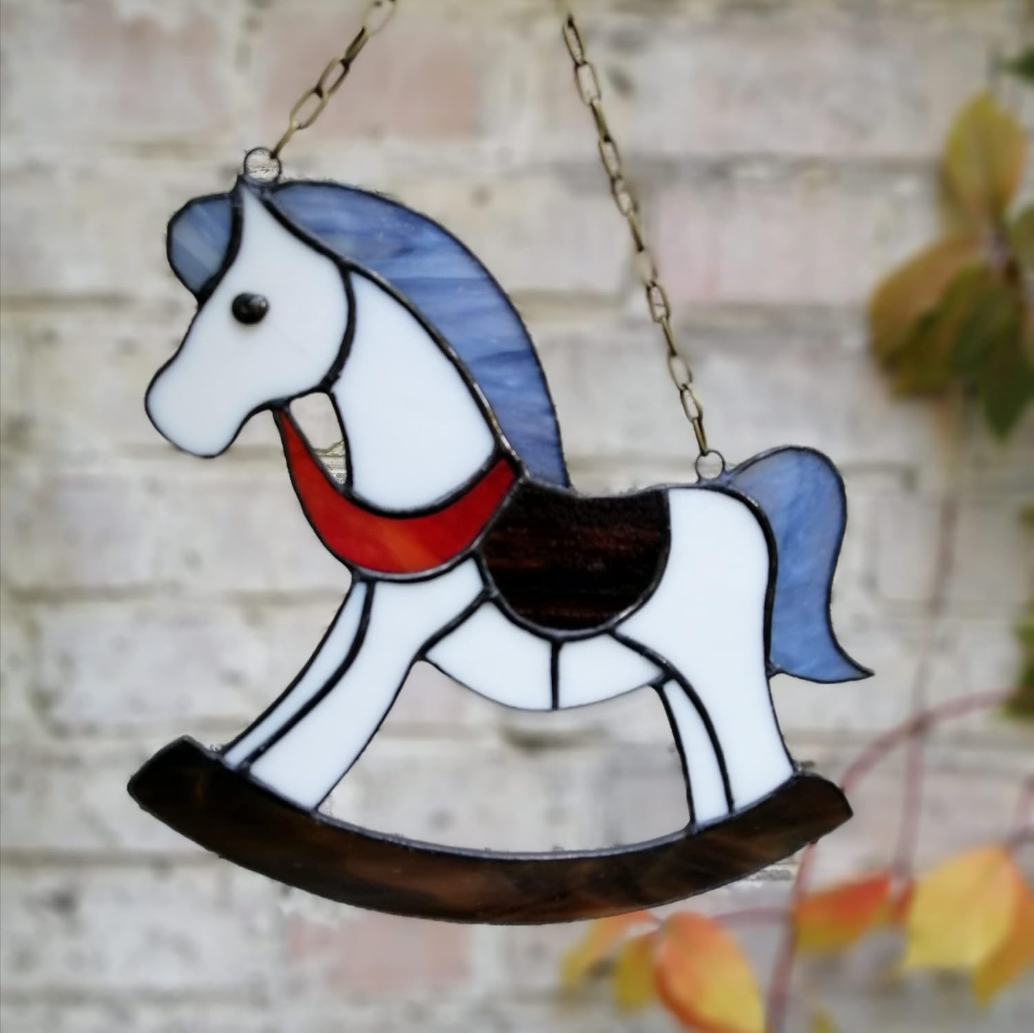 White Rocking Horse Stained Glass Suncatcher Window Hanging or Nursery Wall Decor, Christmas Ornament