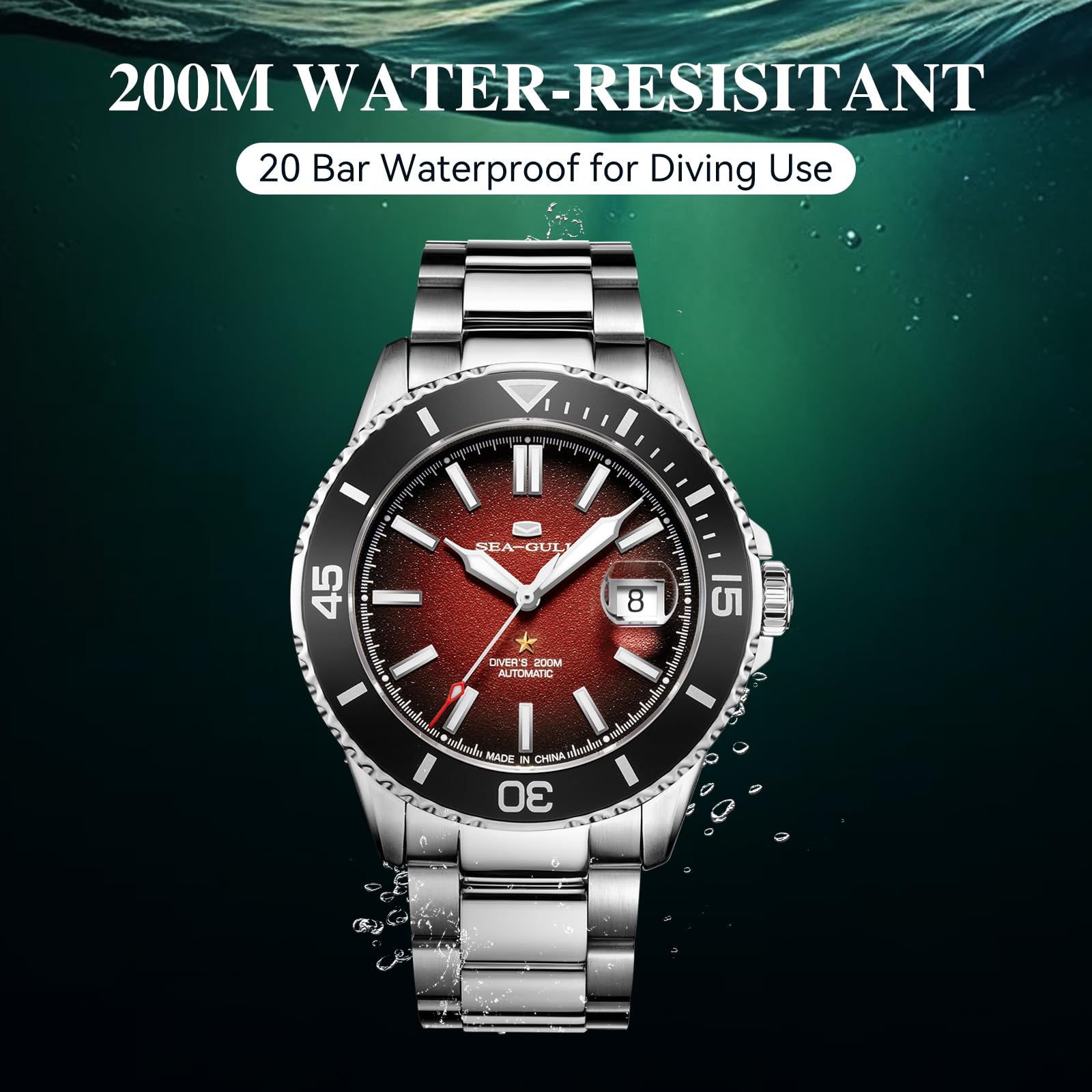 SEA-GULL Seagull 816.523 - Reloj automático para hombre, correa de acero inoxidable, resistente al agua, mecánico, con calendario, luminoso, para negocios, casual, buceo, para hombre