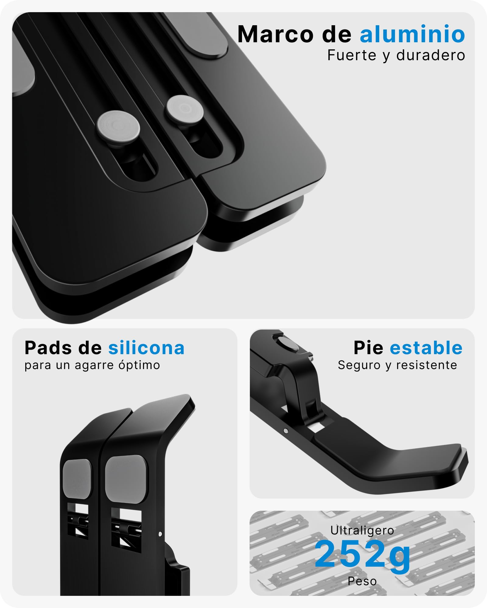 Voomy Soporte Portatil Mesa, Base 6 Ángulos Elevador Ajustable, Laptop Stand 9-16" de Aluminio para Portátil, Macbook, Notebook, Ordenador, Negro