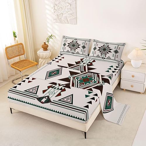 Miniatura 2 de Erosebridal Juego de sábanas ajustables occidentales de geometría vintage, sábanas de estilo bohemio occidental, sábana encimera de estilo