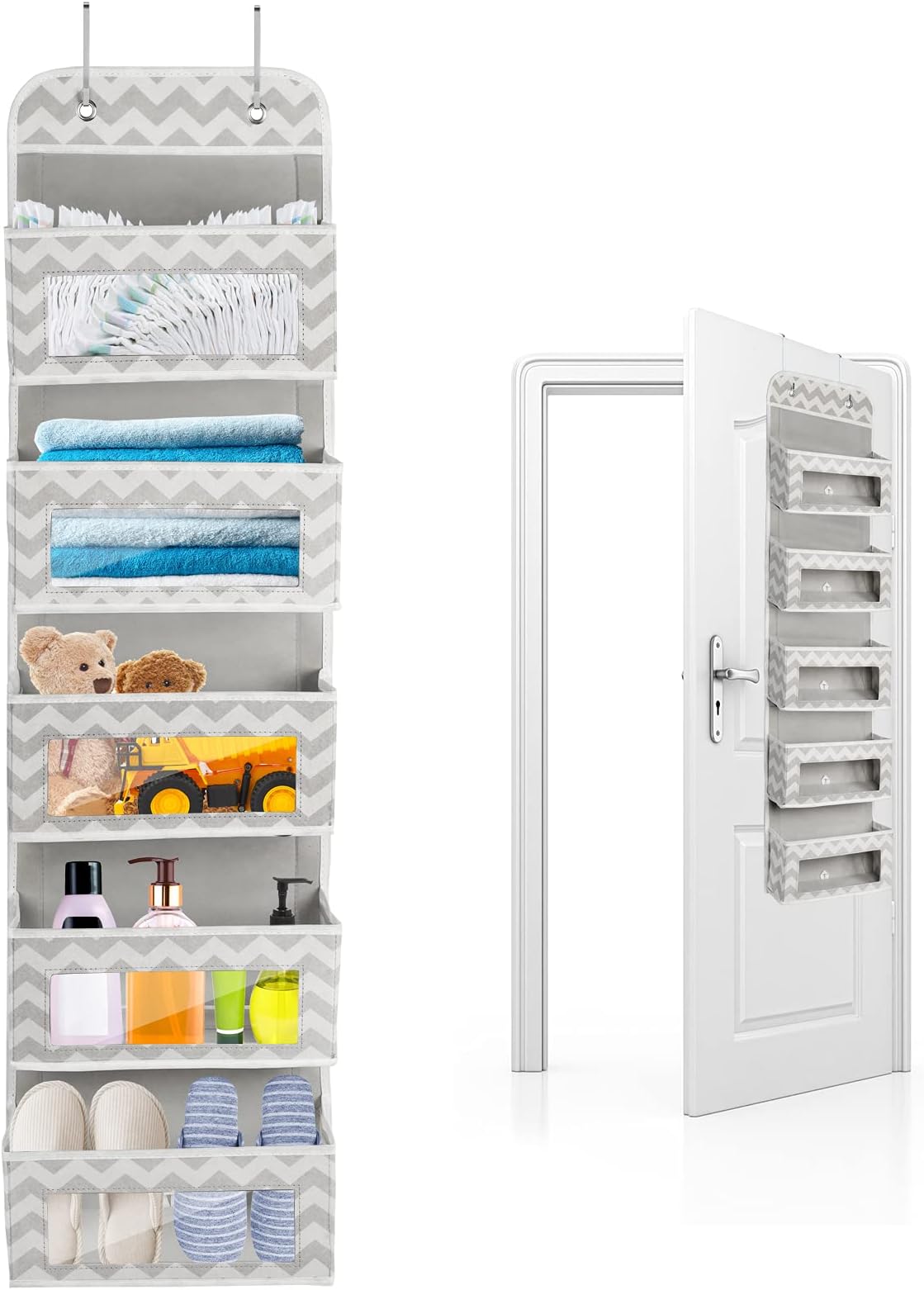 Over Door Hanging Storage 5 Clear Window Pockets, Unisex Foldable Door Hanger Organizer with 2 Hooks, Wall Storage for Pantry Baby Bedroom Nursery Decor Closet Organizers Toys, Wallets, Keys, Grey