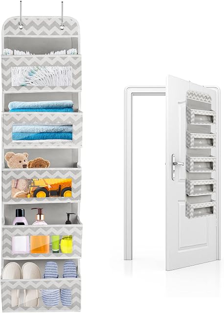 Over Door Hanging Storage 5 Clear Window Pockets, Unisex Foldable Door Hanger Organizer with 2 Hooks, Wall Storage for Pantry Baby Bedroom Nursery Decor Closet Organizers Toys, Wallets, Keys, Grey