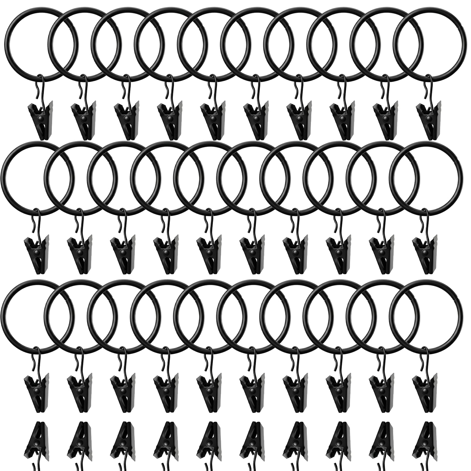 40 PcsCurtain Rings with Clips, 35mm Black Metal Curtain Hoops, Curtain Clips with Hooks, for Home Rod, Office, Drapes and Displays(30 Rings, 40 Clipss)