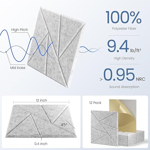 Miniatura 5 de Paquete de 12 paneles acústicos con autoadhesivos, paneles de espuma a prueba de sonido de 12 x 12 x 0.4 pulgadas, paneles de sonido de alta