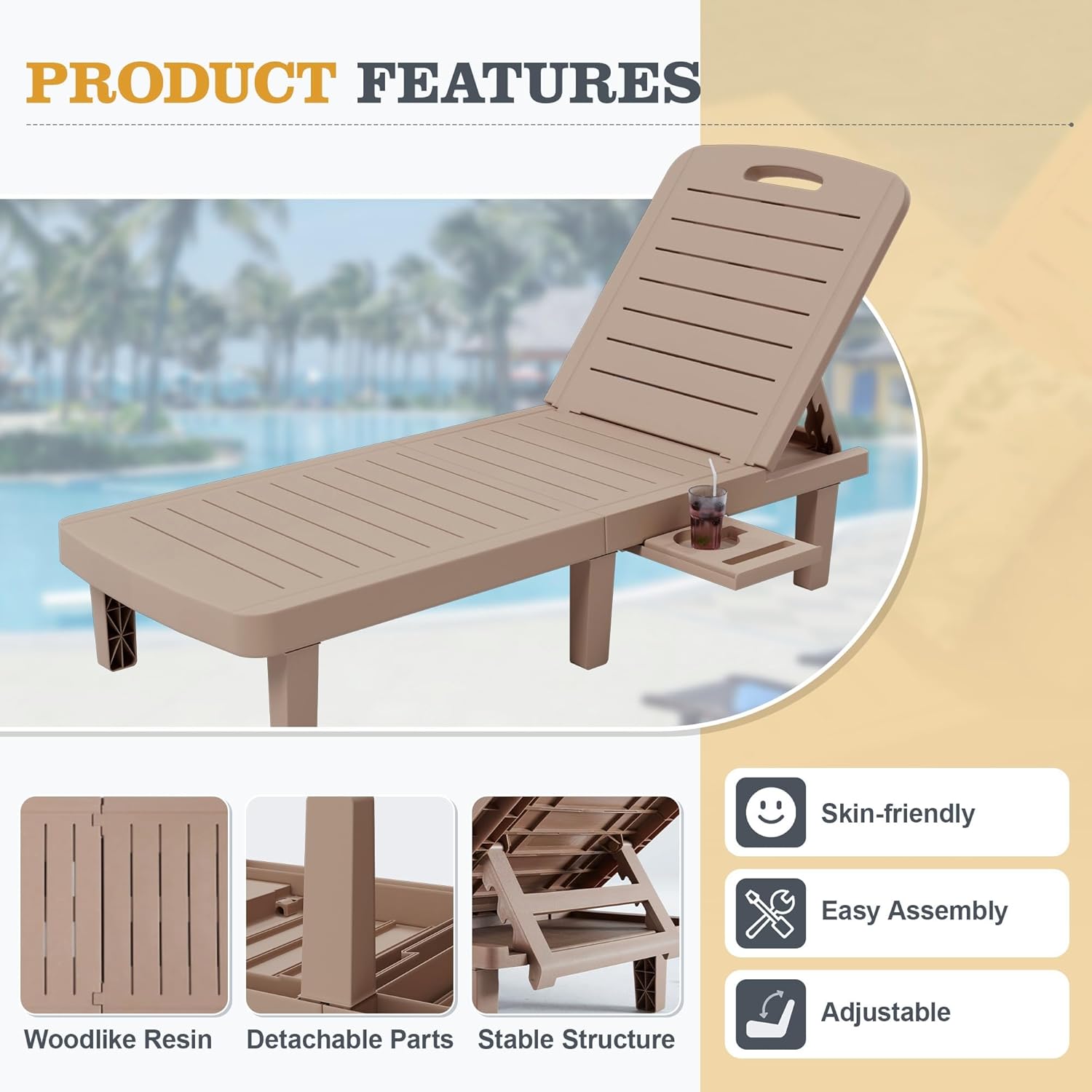 UPDATIO Resin Outdoor Chaise Lounge Chair, Adjustable Backrest & Side Table – Oversized Heavy Duty Patio Reclining Lounger Seating for Pool, Beach,Garden,Resin Brown,1 PC