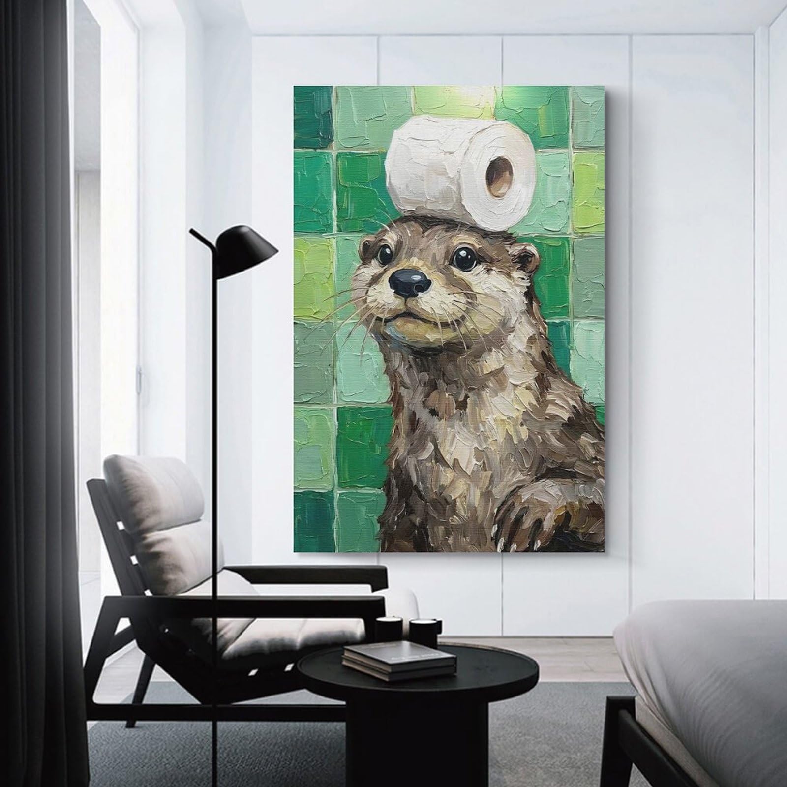 Junmoney Otter with Toilet Paper Hat Canvas Wall Picture, 24x36inch(60x90cm), for Study, Office Or Apartment Decor, A Wall Art Gift for Fresh Interiors