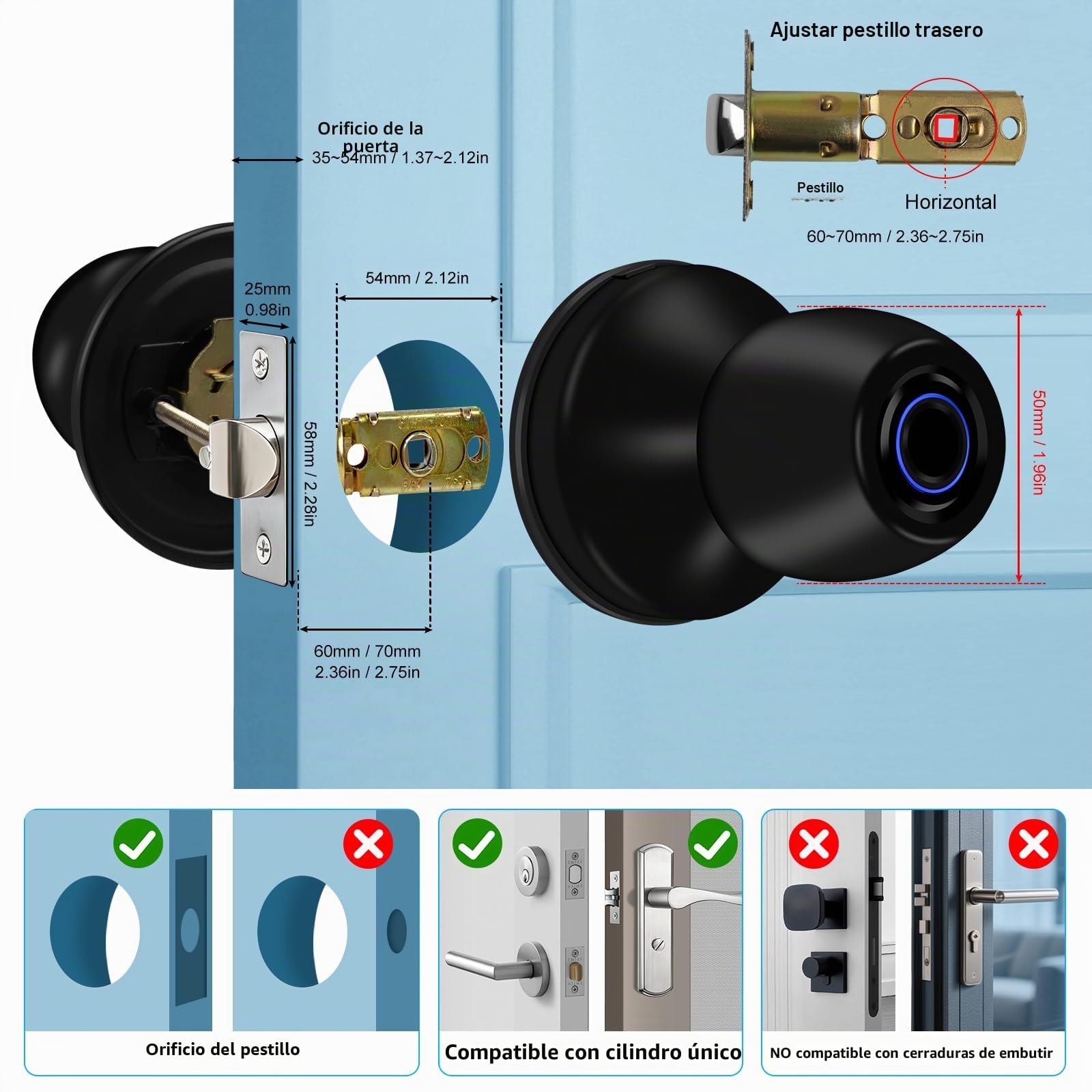 Cerradura de Puerta Inteligente con Huella Dactilar, Manija de Puerta 4-en-1 con Huella Dactilar, con Control por App y Llave Tipo-C, Manija de Puerta Biométrica con Cerradura, Adecuada para