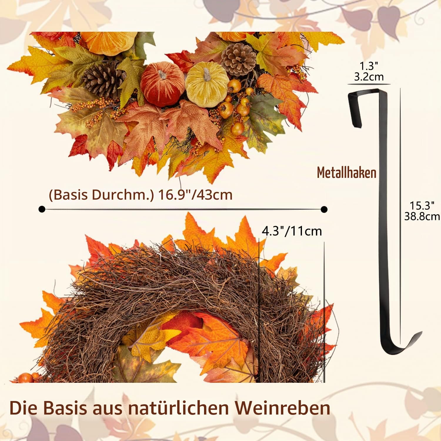 Kunstkranz Künstlich Türkranz, Ø 24"/60CM Herbst Kranz Deko Wandkranz Groß Außen Dekokranz für Haustür, Hochzeit, Garten, Fenster, Outdoor