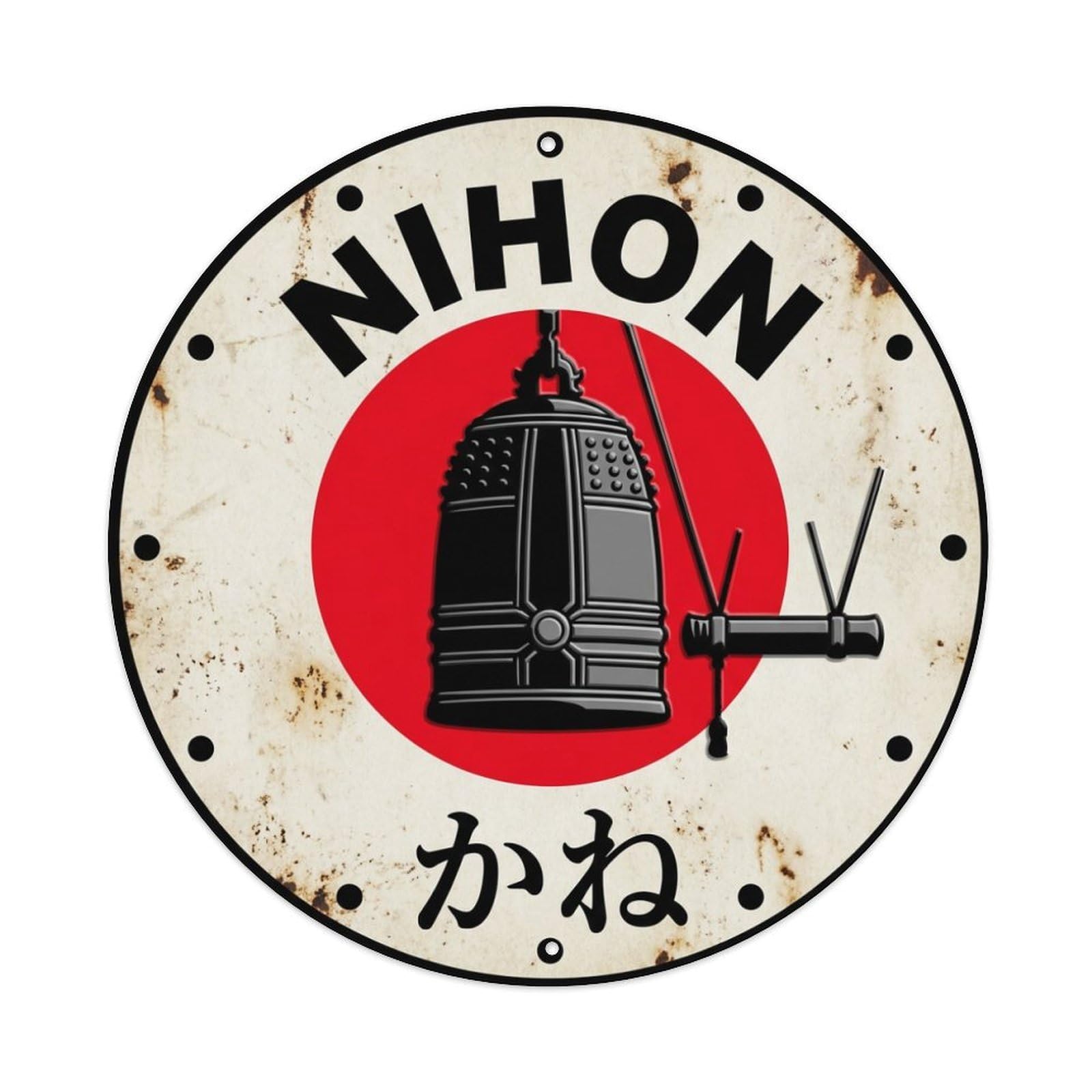 Galvaxio Style Kane Bell Gong Nihon Temple Sound Weathered Metal Tin Sign