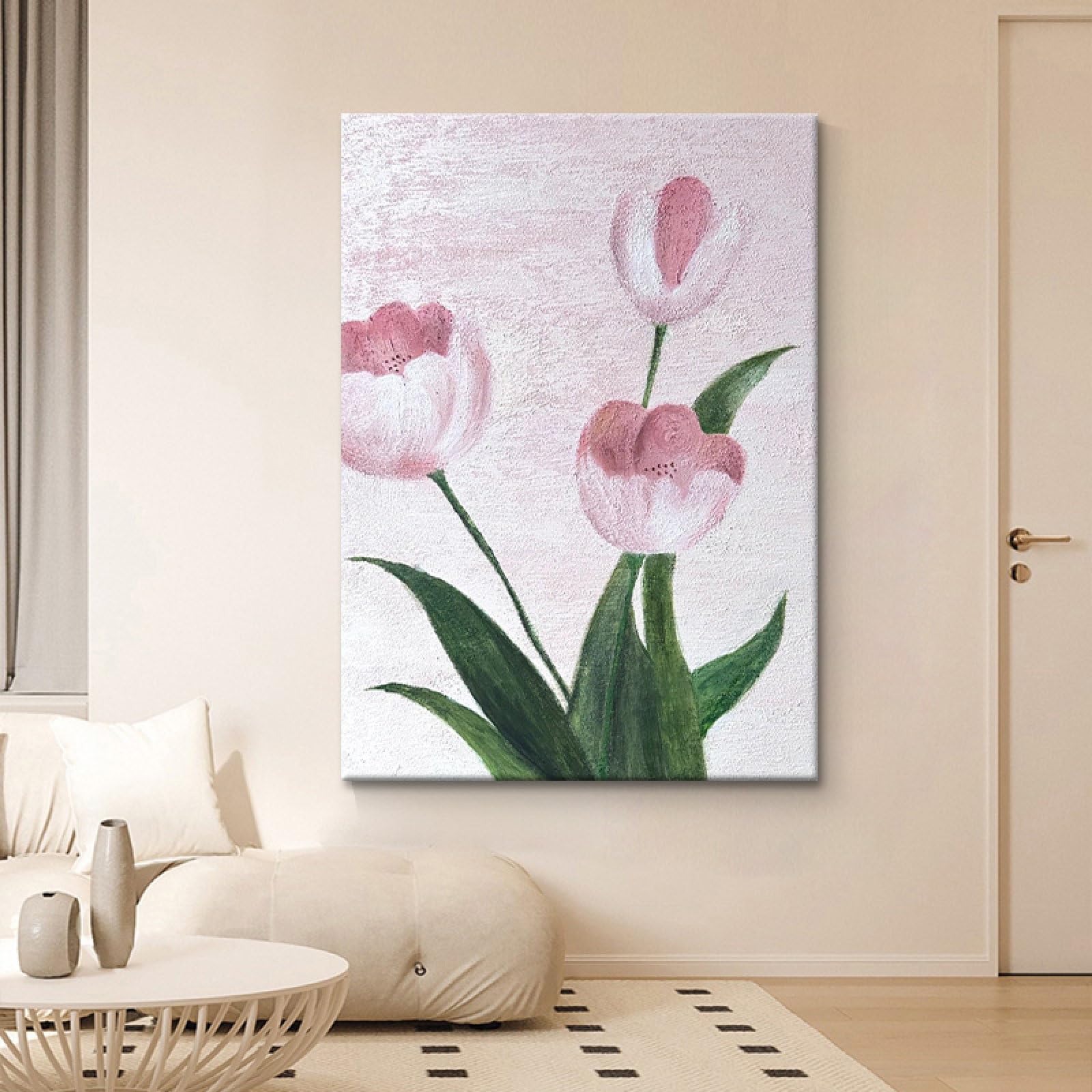 Peinture tulipes roses grand format pour décoration de salon et fond de canapé