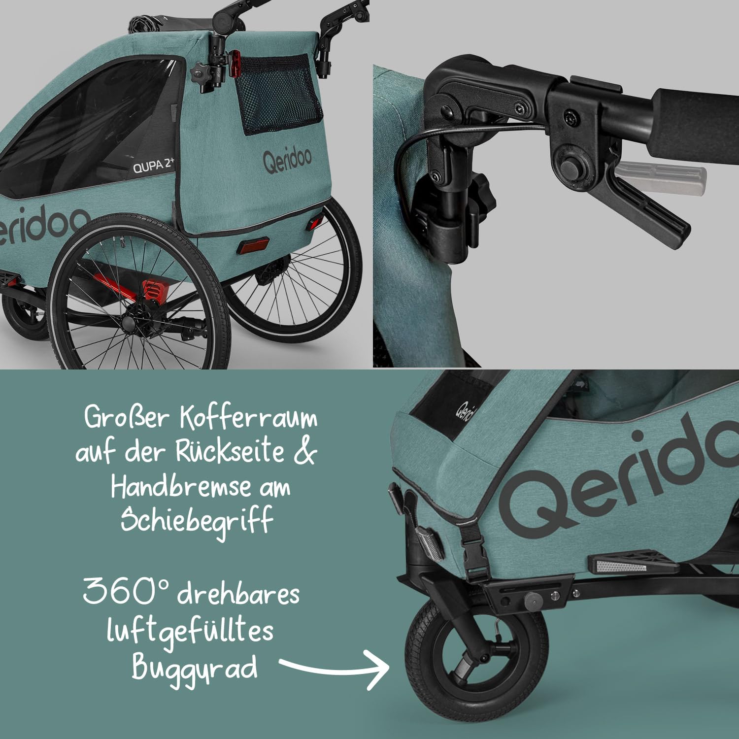 Qeridoo QUPA 2 Plus Mineral Blue Jogger-Set | Fahrradanhänger 2 Kinder mit Joggerrad, Kupplung & Faltgarage | Fahrrad Anhänger Kinder | Kinderanhänger Fahrrad | Jogger Kinderwagen
