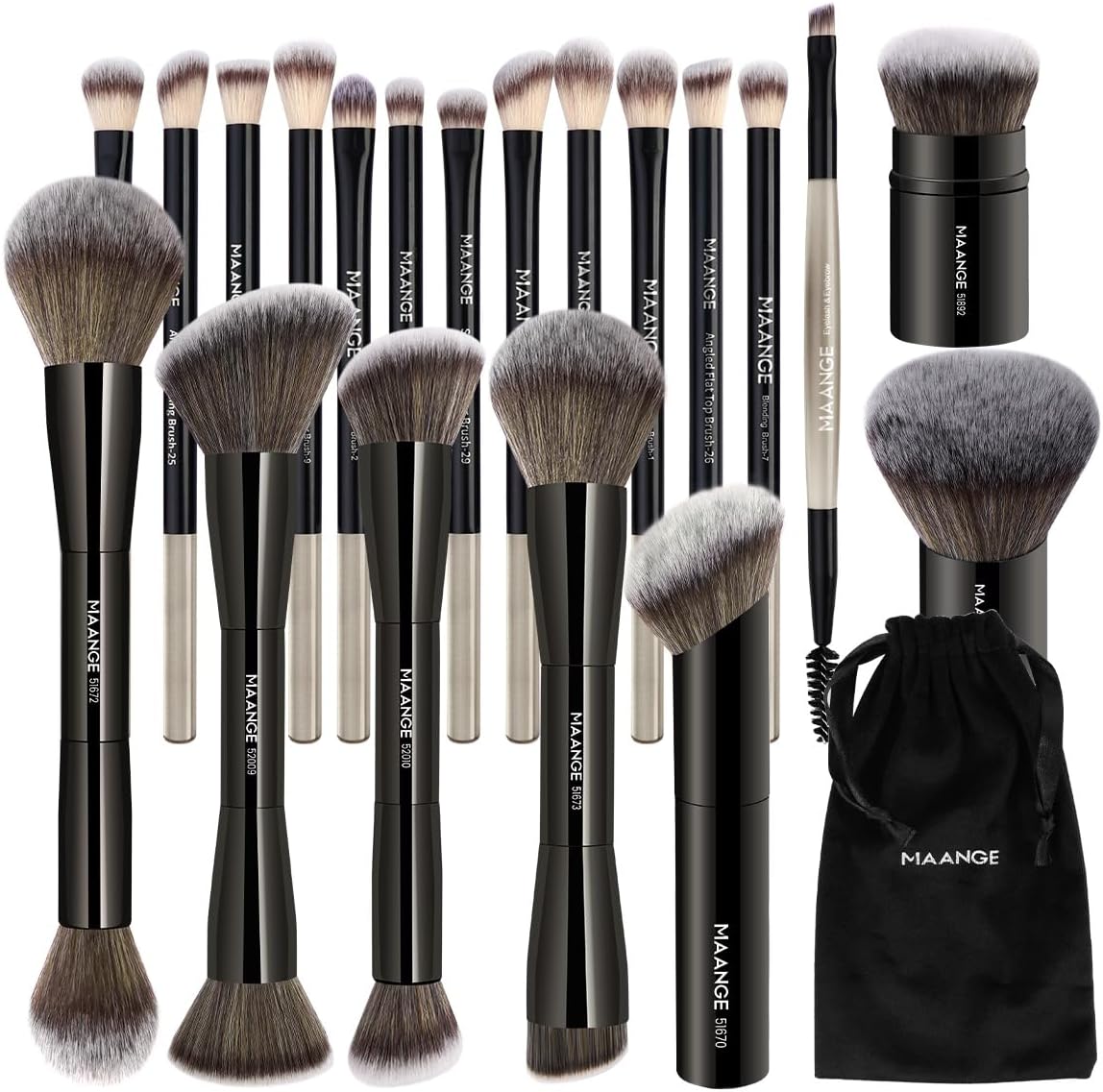 MAANGE 20 PCS Foundation Makeup Brush Set, Double-ended Kabuki Contour Brush for Liquid Powder Concealer Blending Blush Face Makeup Tools (Black)