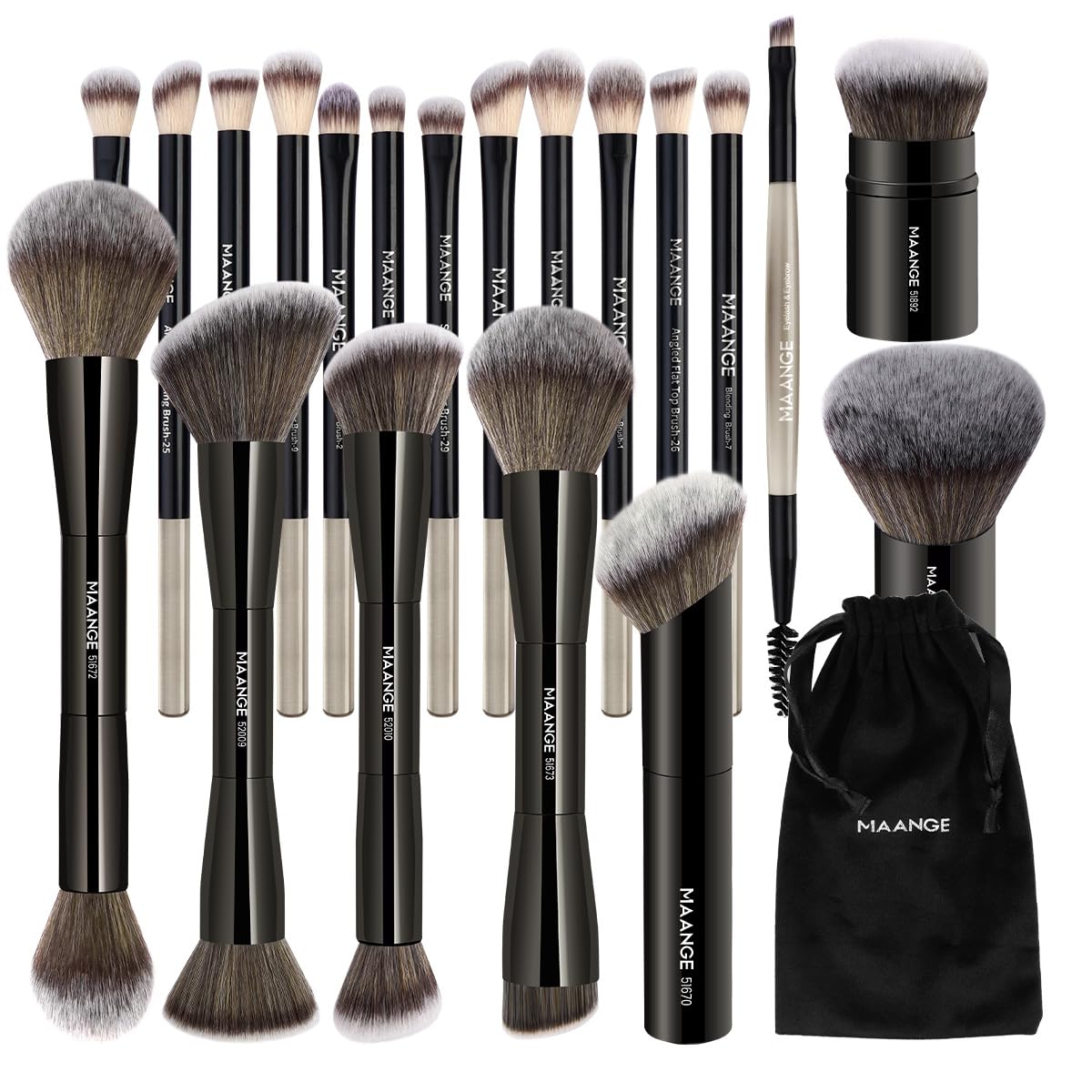 20 PCS Foundation Makeup Brush Set, Double-ended Kabuki Contour Brush for Liquid Powder Concealer Blending Blush Face Makeup Tools (Black)