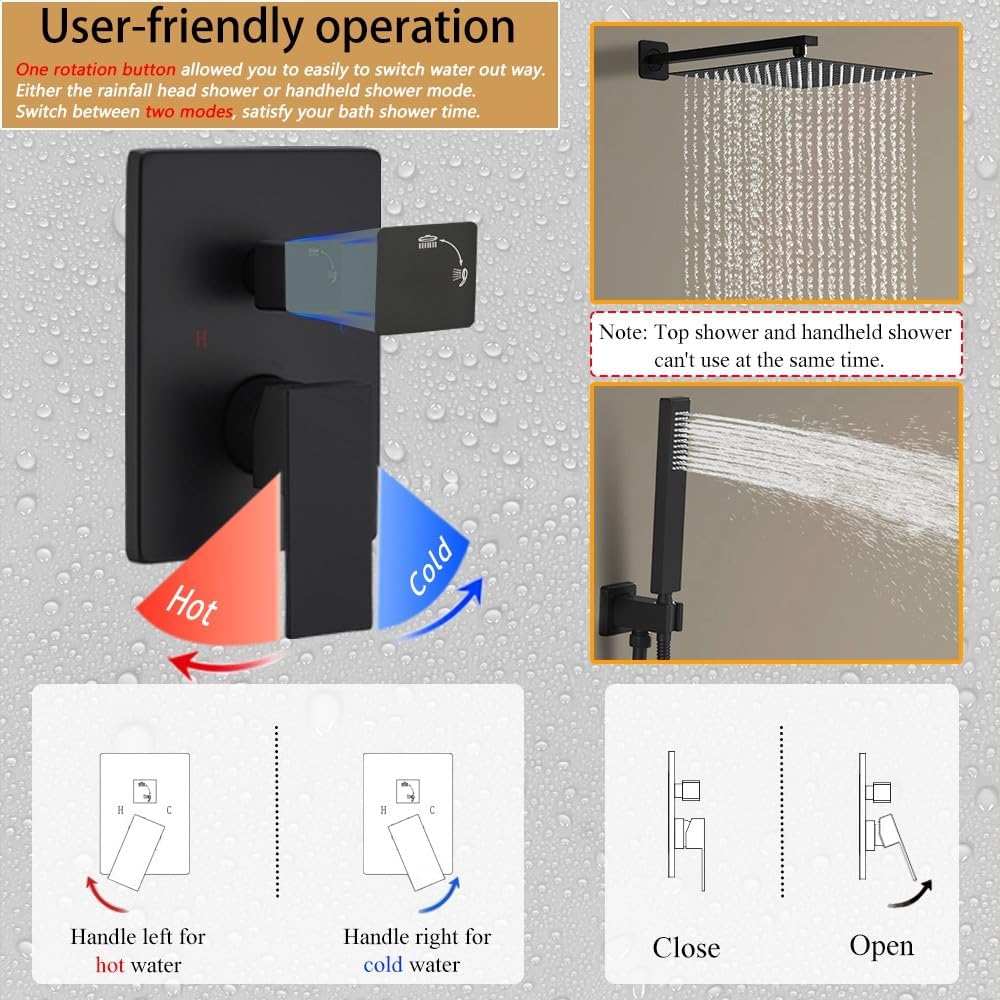 16 Inch Square Rainfall Shower Head and Handheld, Wall Mounted Shower Fixtures, Metal Shower Faucet Trim Repair Kits (With Shower Valve) Matte Black