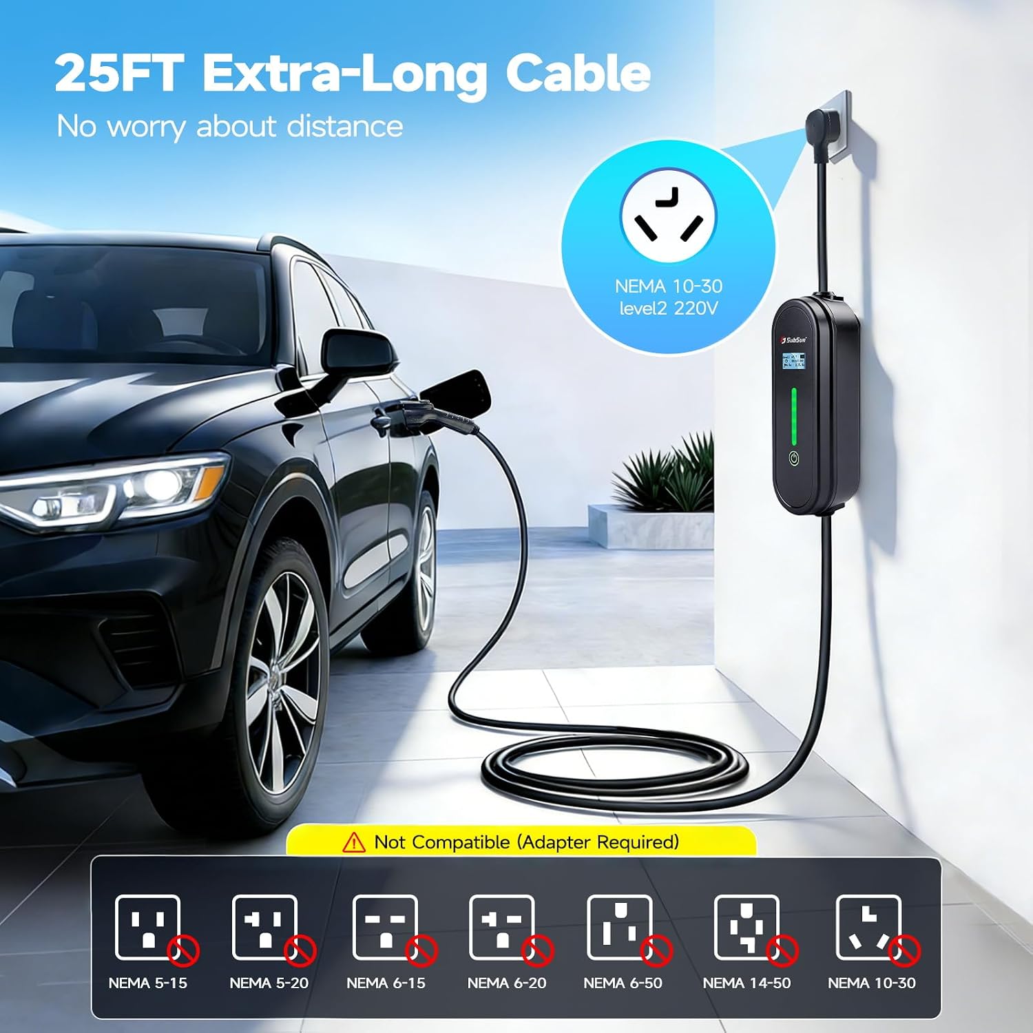 SubSun J1772 Level 2 EV Charger 24A 240V with NEMA 10-30 Plug