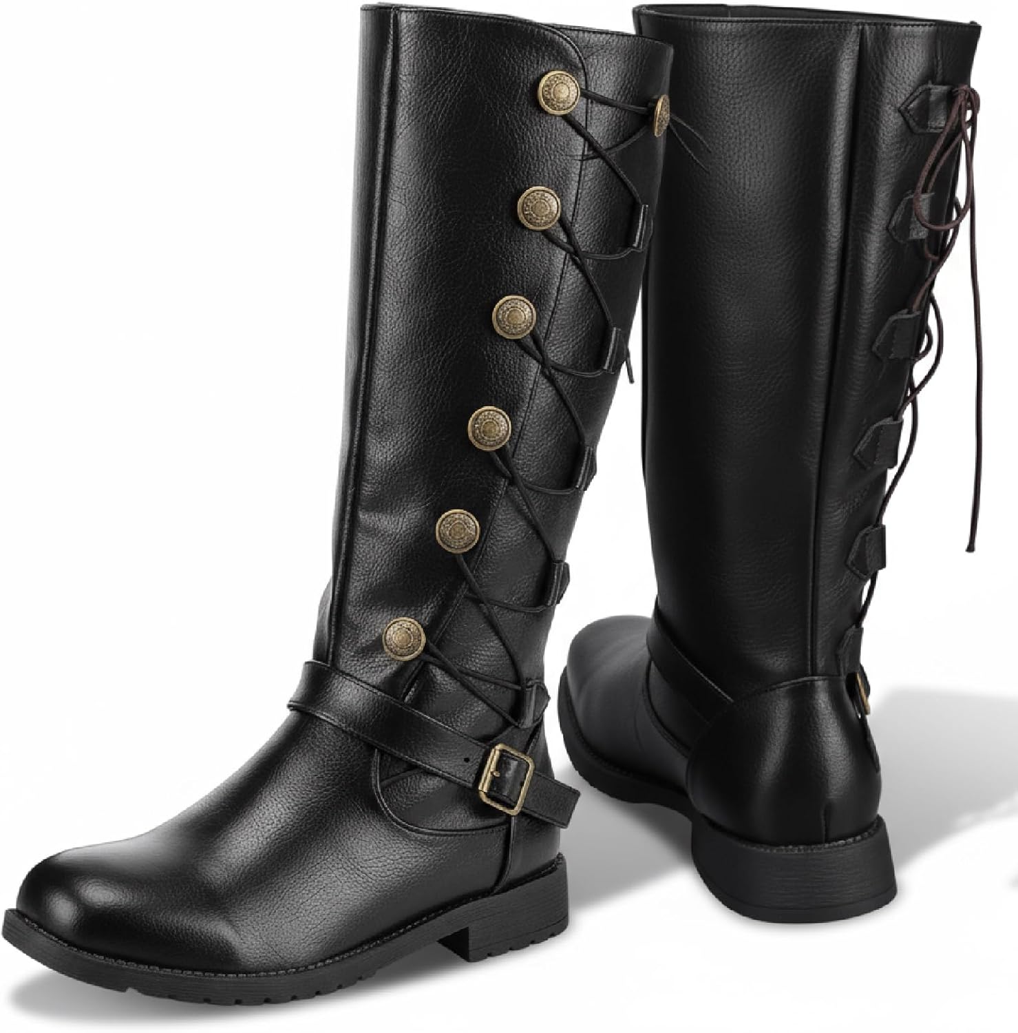 Ramede Medieval Pirate Boots Men Halloween Renaissance Costume Boots Faux Leather Lace up Button Viking Gothic Cosplay Shoes for Men