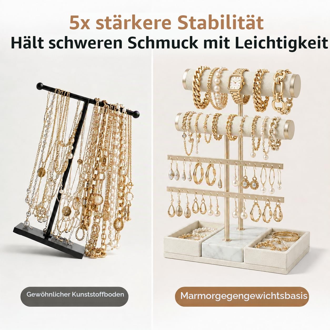KES Schmuckständer Marmor mit schwerem Marmorsockel, 3-stufiger Schmuckhalter Organizer für Armbänder, Halsketten, Ohrringe, Ringe und Uhren, T-Bar Schmuckaufbewahrung Display, Beige, JTR500-WH