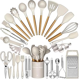 Umite Chef Cooking Utensils Set- Khaki Silicone Kitchen Utensils Set, 34PCS Heat Resistant Kitchen Gadgets Tools Set with Grater, Wooden Handle Kitchen Utensil Spatula Set for Nonstick Cookware