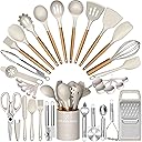 Thickened Silicone Cooking Utensils Set- Umite Chef Khaki Kitchen Utensils Set, 34PCS Heat Resistant Kitchen Gadgets Tools Set with Grater, BPA-Free Kitchen Spatula Set for Nonstick Cookware