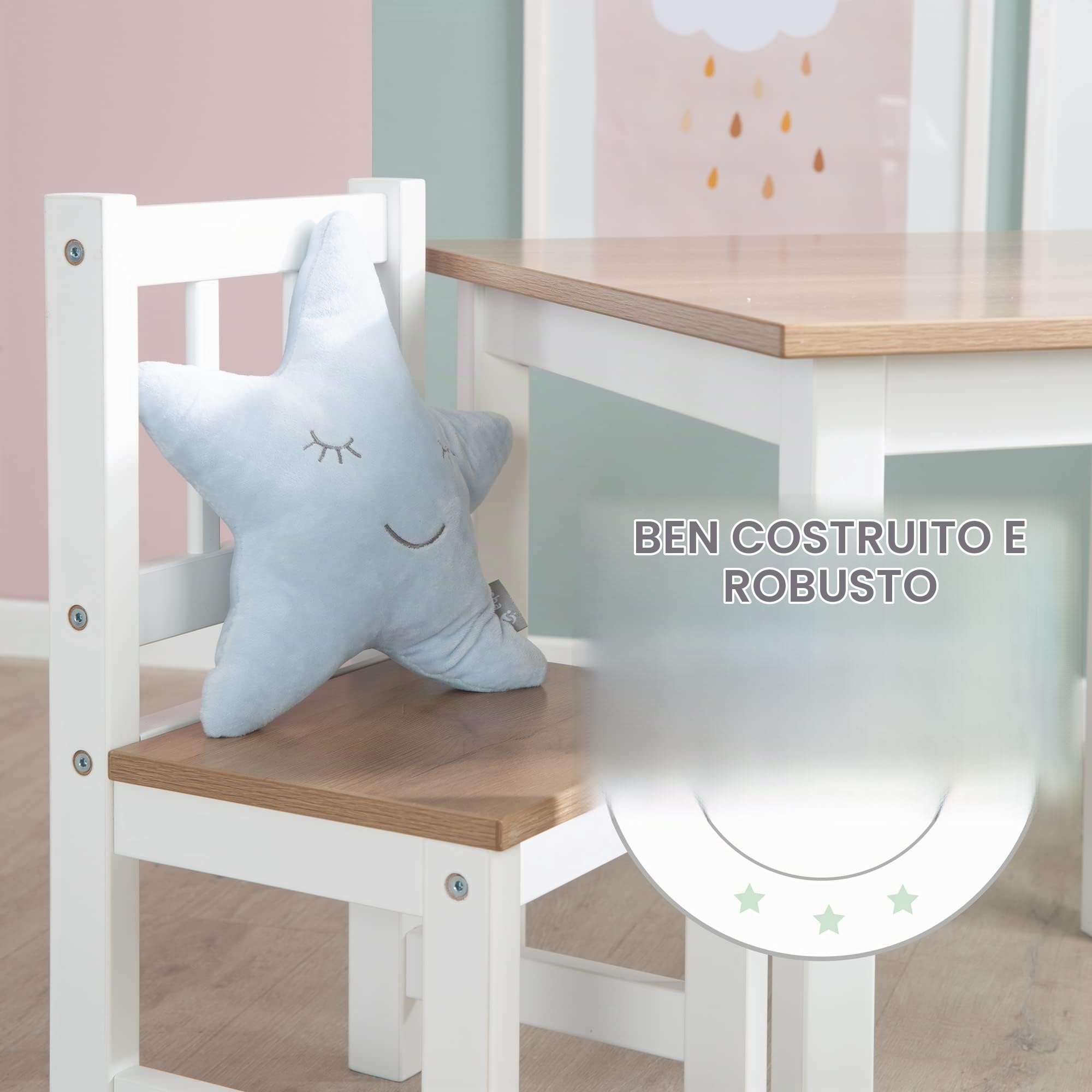 roba Set Tavolo + 2 Sedie per Bambini Woody - Robusti e Resistenti - Mobili per la Cameretta - dai 18 Mesi - Decorazione in Legno - Legno Laccato Bianco
