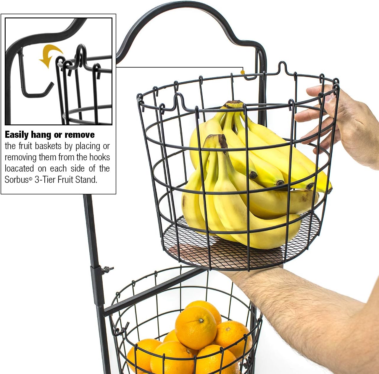 Sorbus 3-Tier Wire Market Basket Stand for Fruit, Vegetables, Toiletries, Household Items, and More, Stylish Tiered Serving Stand Baskets for Kitchen, Bathroom Storage Organization (Black)