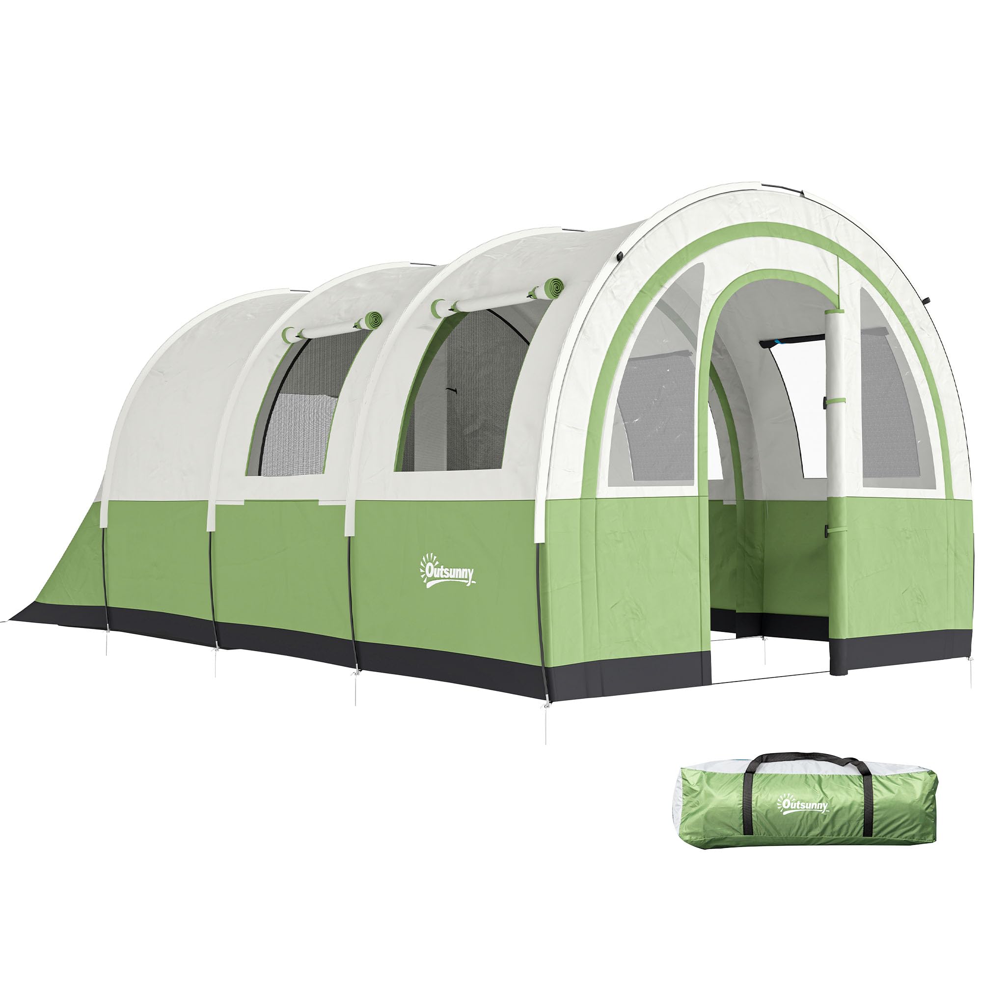 Outsunny 5-6 Man Camping Tent, 3000mm Waterproof Tunnel Family Tent Shelter with Bedroom and Adjustable Living Room, Easy Setup with Carry Bag, Cream and Emerald Green