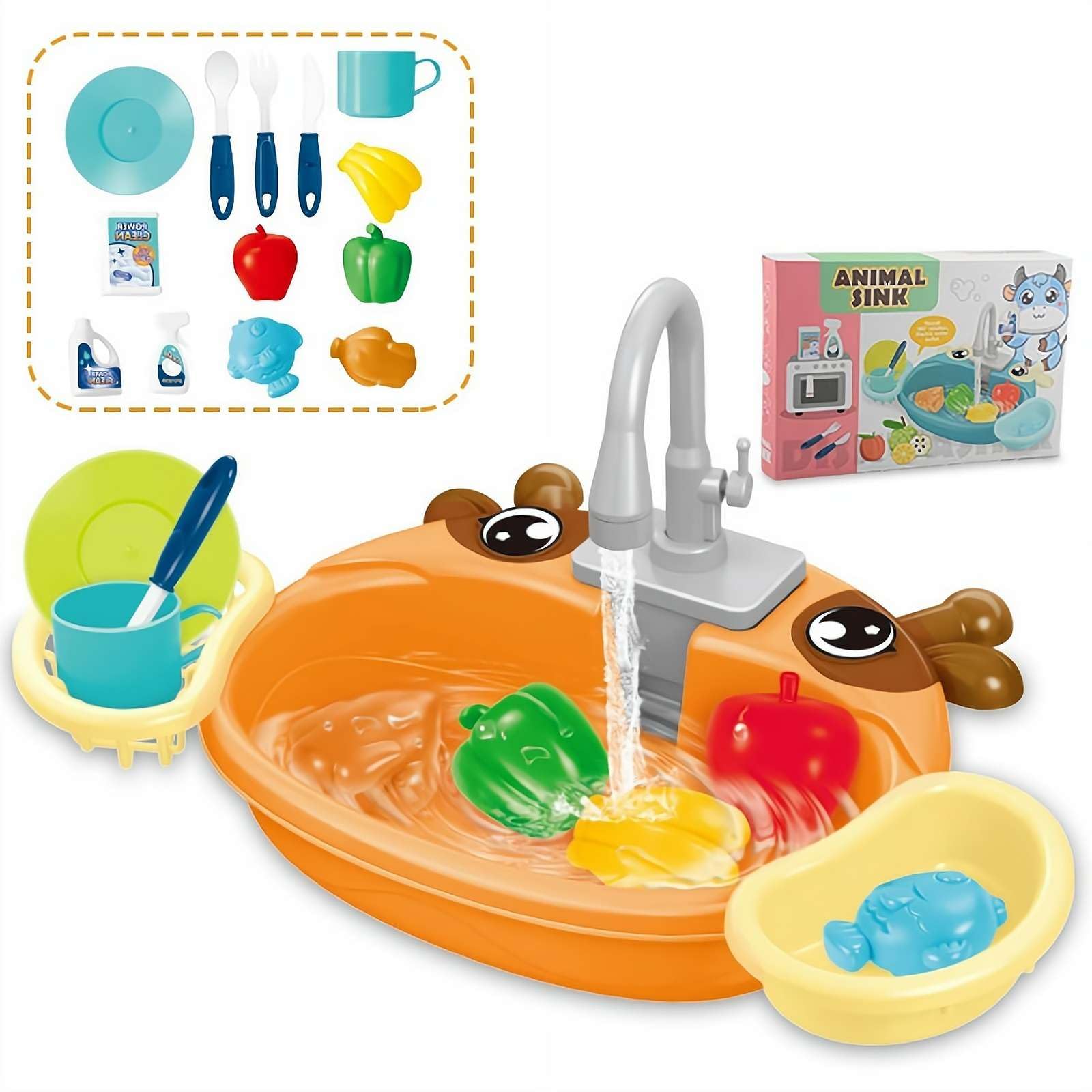 Kids Sink with Running Water, Kitchen Sink Toys, Plastic Frog Play Sinks with 180° Rotating Faucet, Pool Floating Fishing Toys for Water Play, Kids Role Plays Dishwasher Toy — image 1