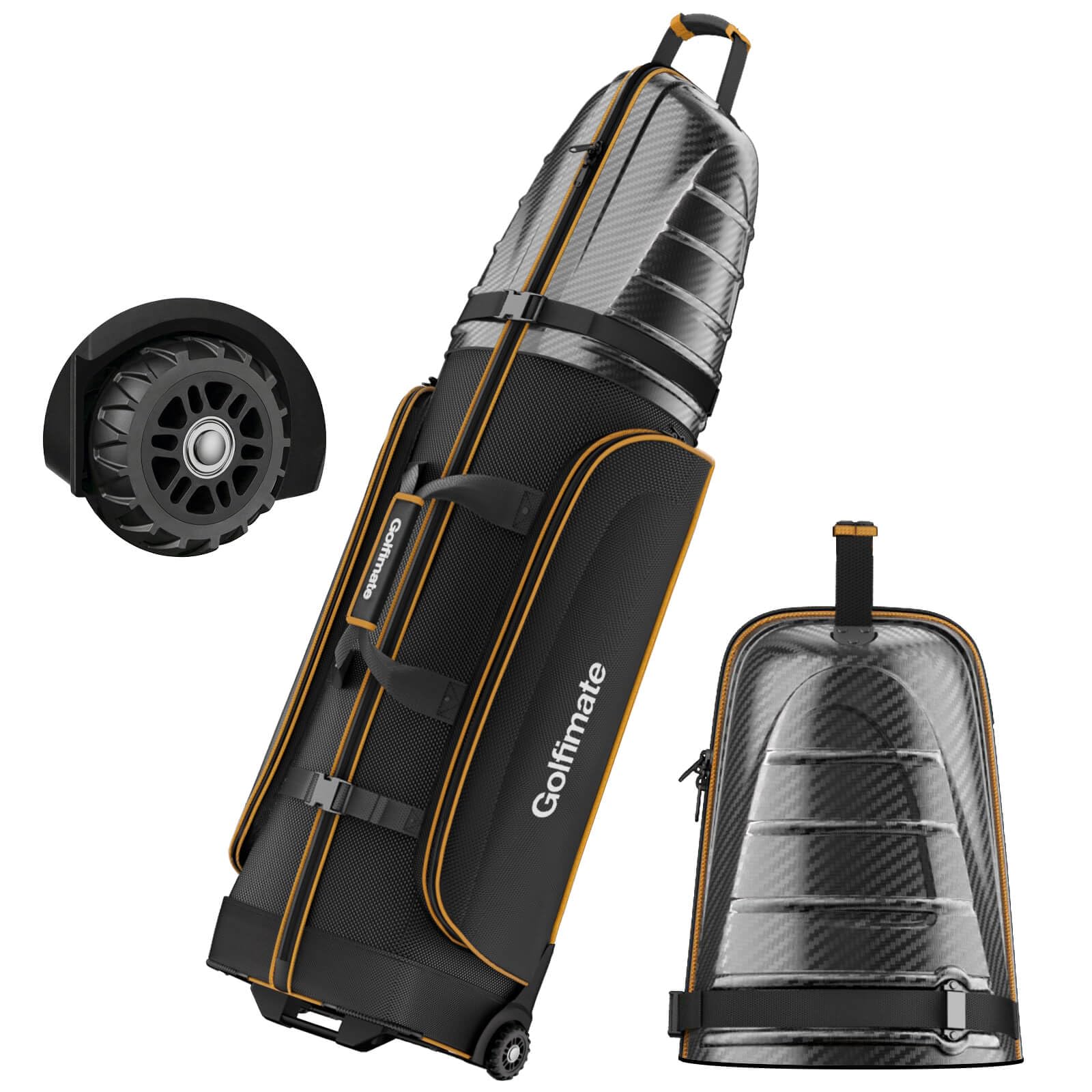 Golf Travel Bags for Airlines with Carbon Fiber Hard Top | 1680D Oxford, Thick Padding, Durable Zippers, All-terrain Wheels and 2 Spacious Sided Pockets for Airline Golf Travel Black Carbon Fiber with Gold Piping