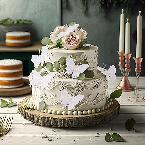 Miniatura 7 de HINZIC Paquete de 10 mariposas de plumas 3D para decoraciones, calcomanías de mariposa de perlas brillantes para manualidades, adornos de árbol de