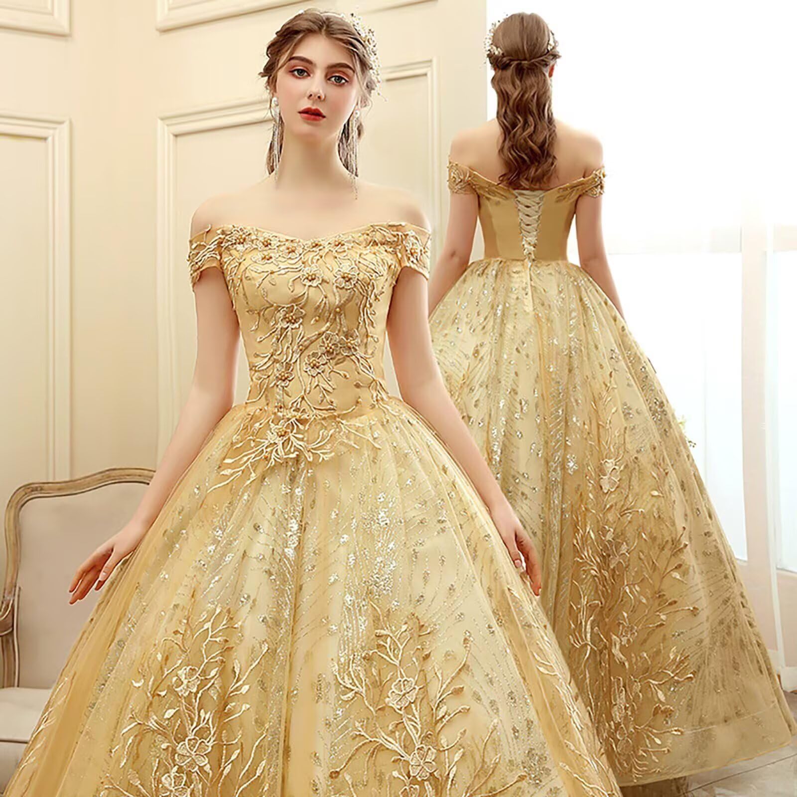 Vestido largo de quinceañera para mujer, con hombros descubiertos, de tul, vestido de noche con apliques de encaje