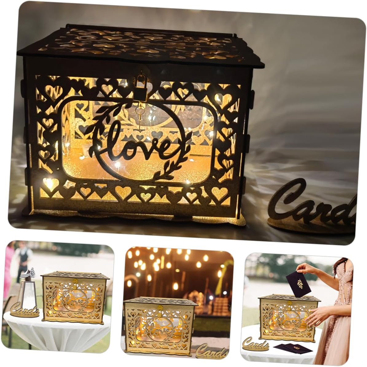Wooden Hollow Wedding Card Box Glitter Decorative Card Holder Anniversary Greeting Envelope Container for Wedding Reception and Birthday Party