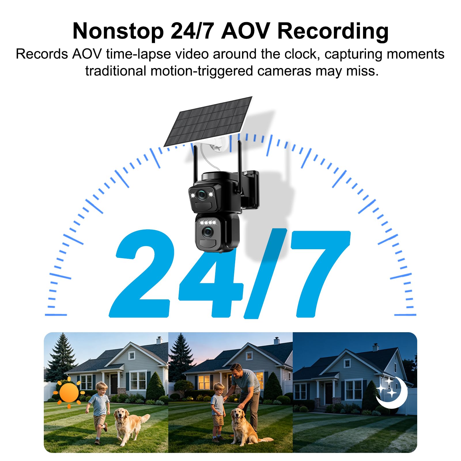 24/7 AOV Telecamera Wi-Fi Esterno con Pannello Solare,Telecamera WiFi | Senza Fili Doppio Obiettivo 4K,Videocamera Sorveglianza,Rilevamento Umano PIR,Visione Notturna a Colori,2.4G/5GHz,IP66